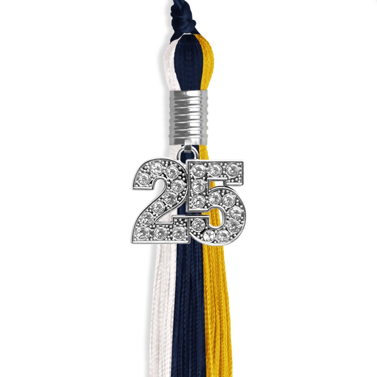 Dark Navy Blue/Gold/White Graduation Tassel with Silver Date Drop - Endea Graduation