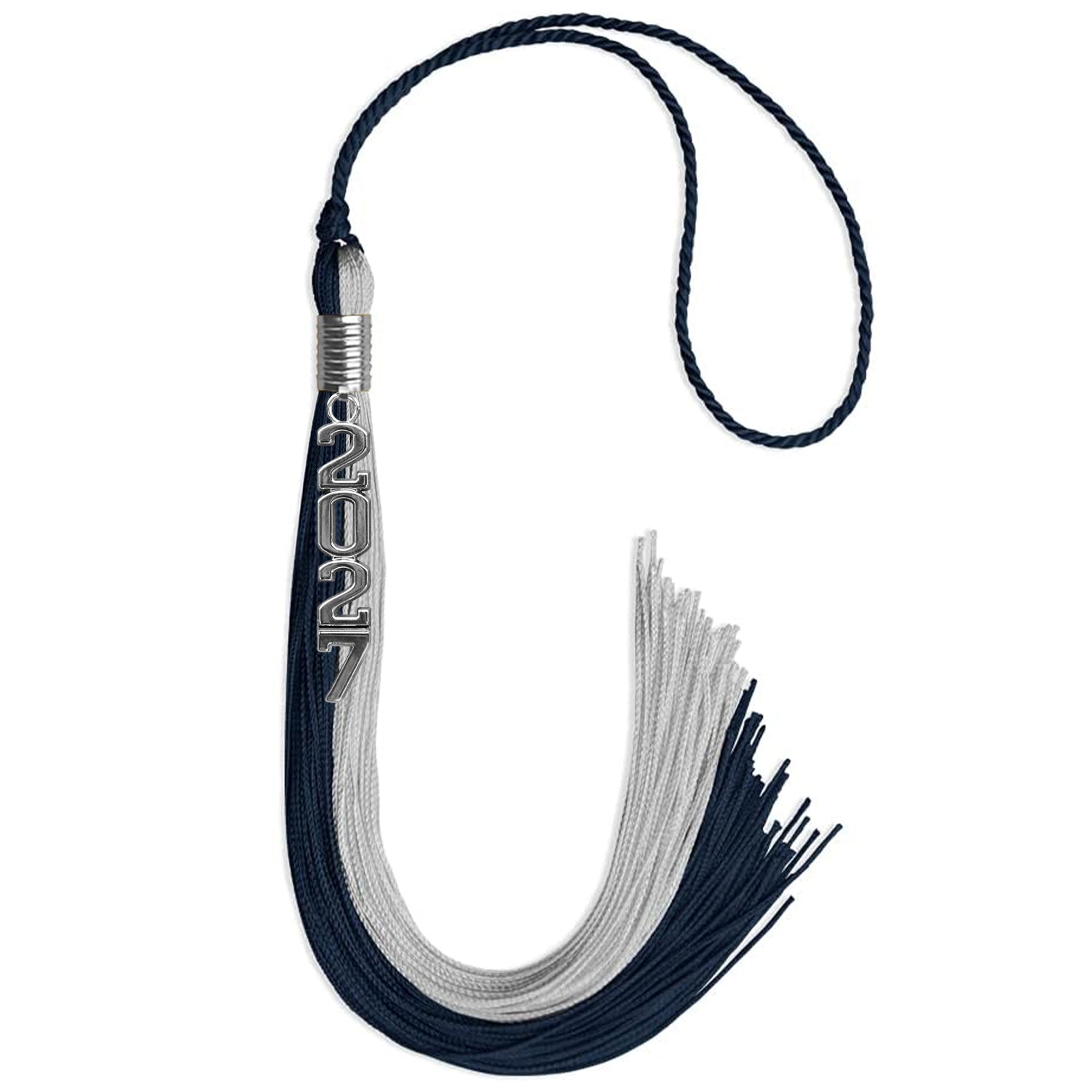 Dark Navy Blue/Grey Graduation Tassel with Silver Stacked Date Drop - Endea Graduation