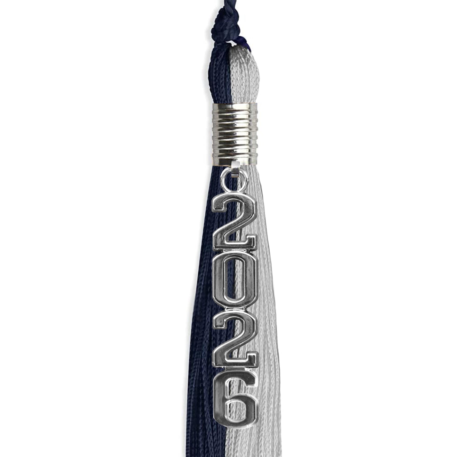 Dark Navy Blue/Grey Graduation Tassel with Silver Stacked Date Drop - Endea Graduation