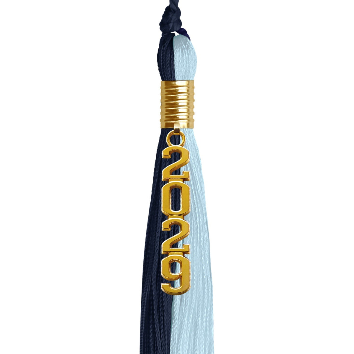 Dark Navy Blue/Light Blue Graduation Tassel with Gold Stacked Date Drop - Endea Graduation