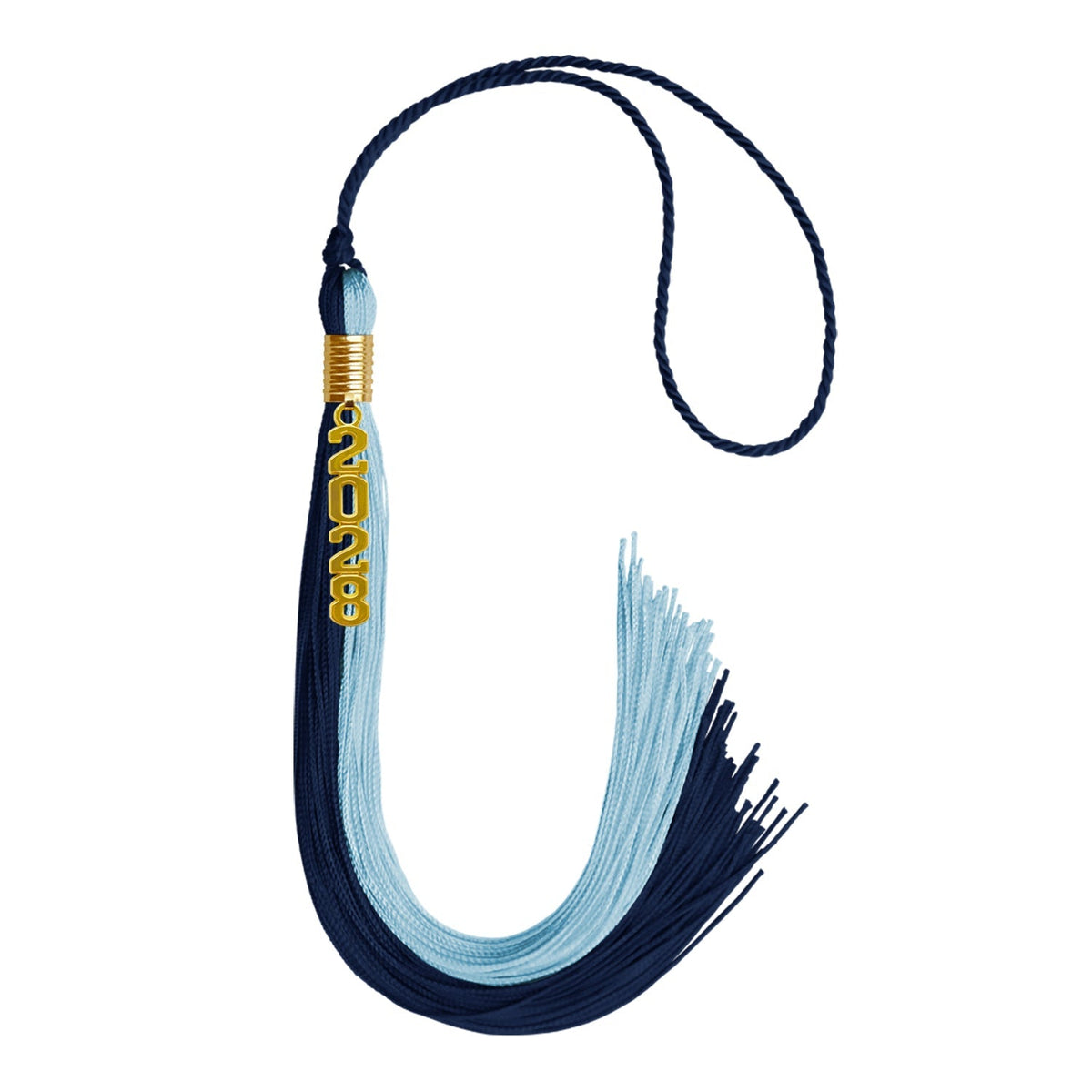 Dark Navy Blue/Light Blue Graduation Tassel with Gold Stacked Date Drop - Endea Graduation