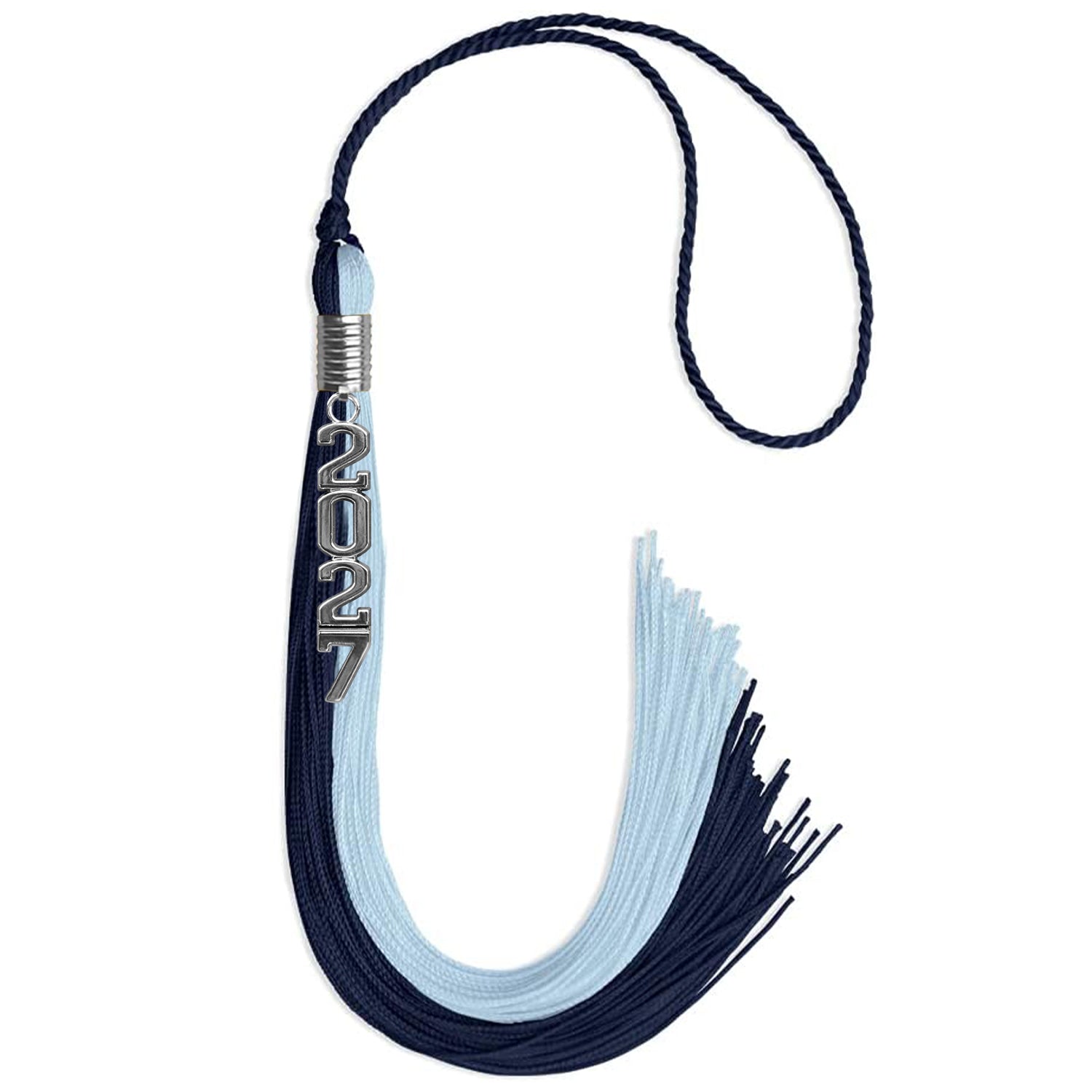 Dark Navy Blue/Light Blue Graduation Tassel with Silver Stacked Date Drop - Endea Graduation