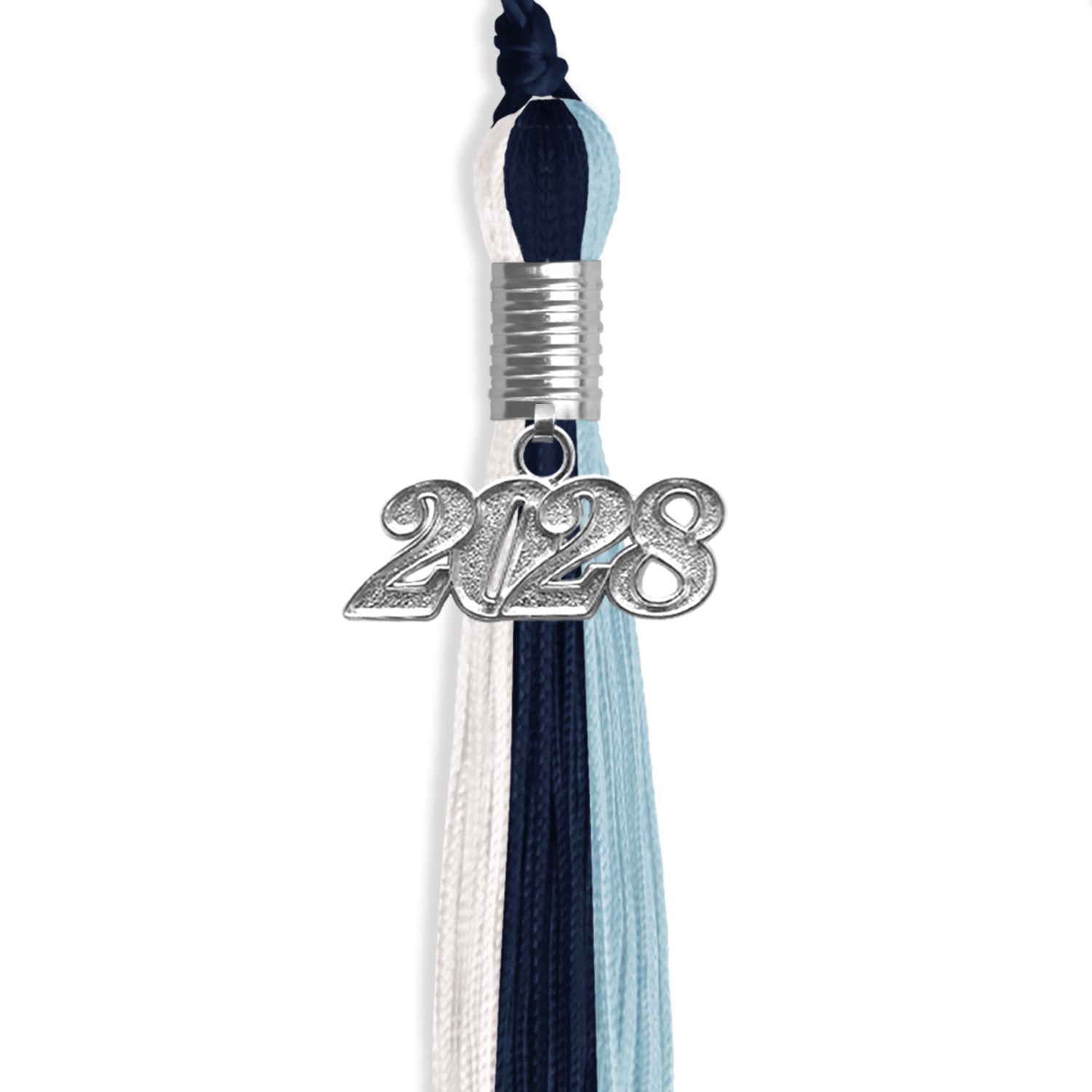 Dark Navy Blue/Light Blue/White Graduation Tassel with Silver Date Drop - Endea Graduation