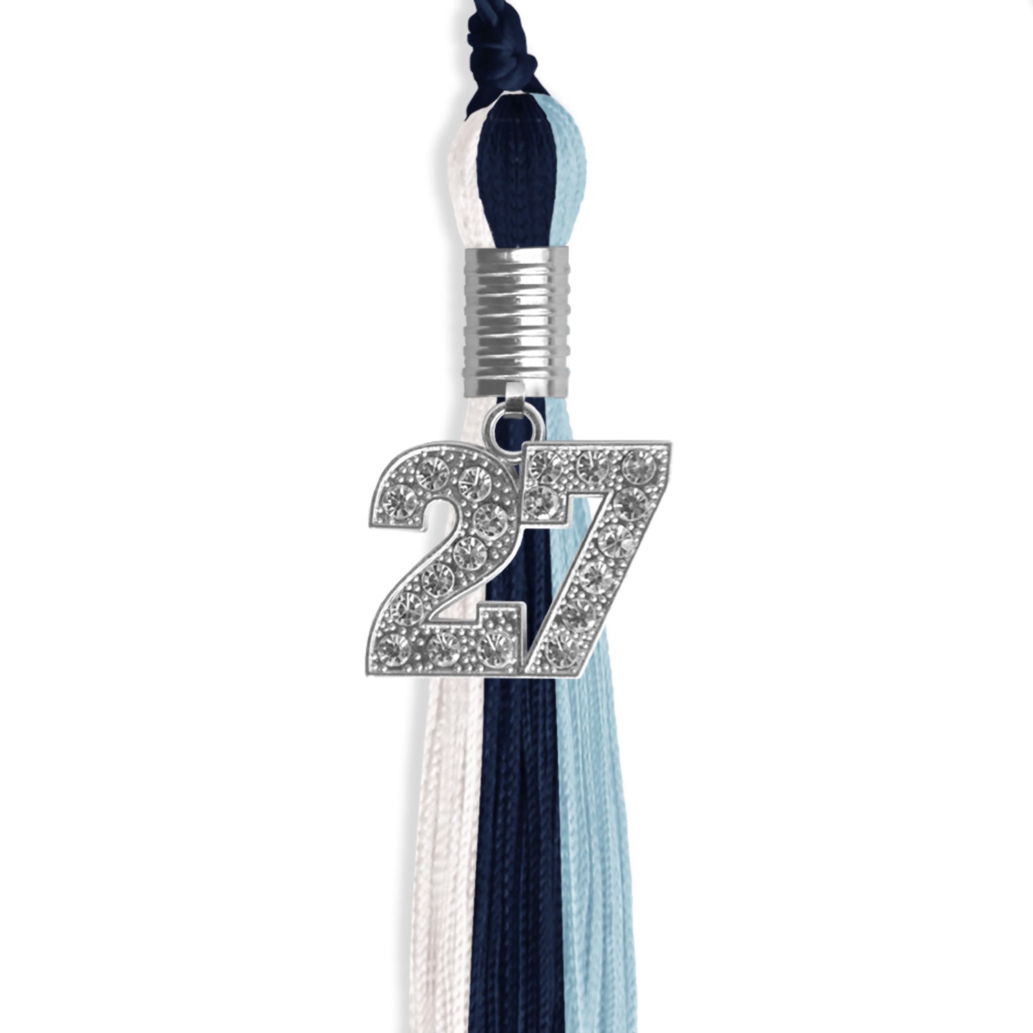 Dark Navy Blue/Light Blue/White Graduation Tassel with Silver Date Drop - Endea Graduation
