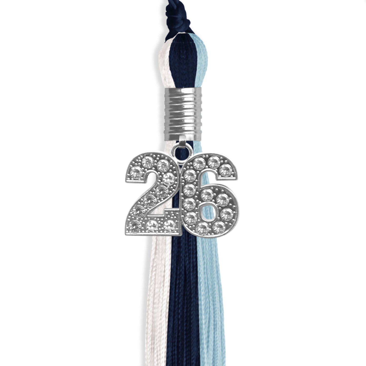 Dark Navy Blue/Light Blue/White Graduation Tassel with Silver Date Drop - Endea Graduation
