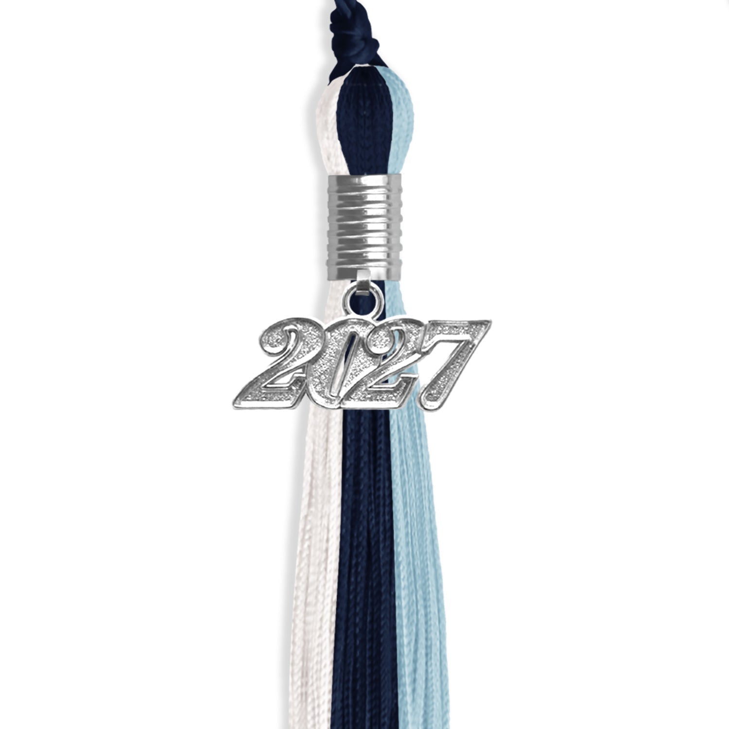 Dark Navy Blue/Light Blue/White Graduation Tassel with Silver Date Drop - Endea Graduation