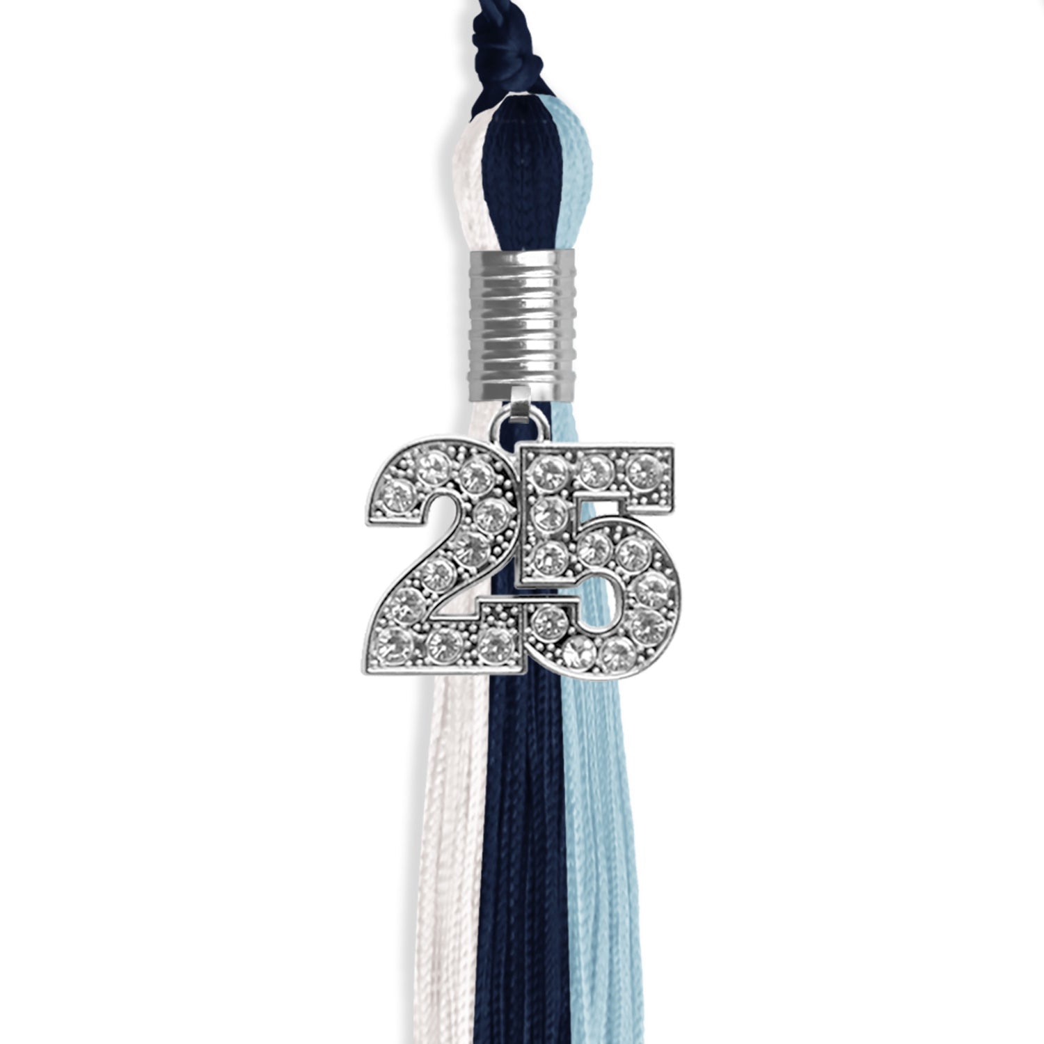 Dark Navy Blue/Light Blue/White Graduation Tassel with Silver Date Drop - Endea Graduation