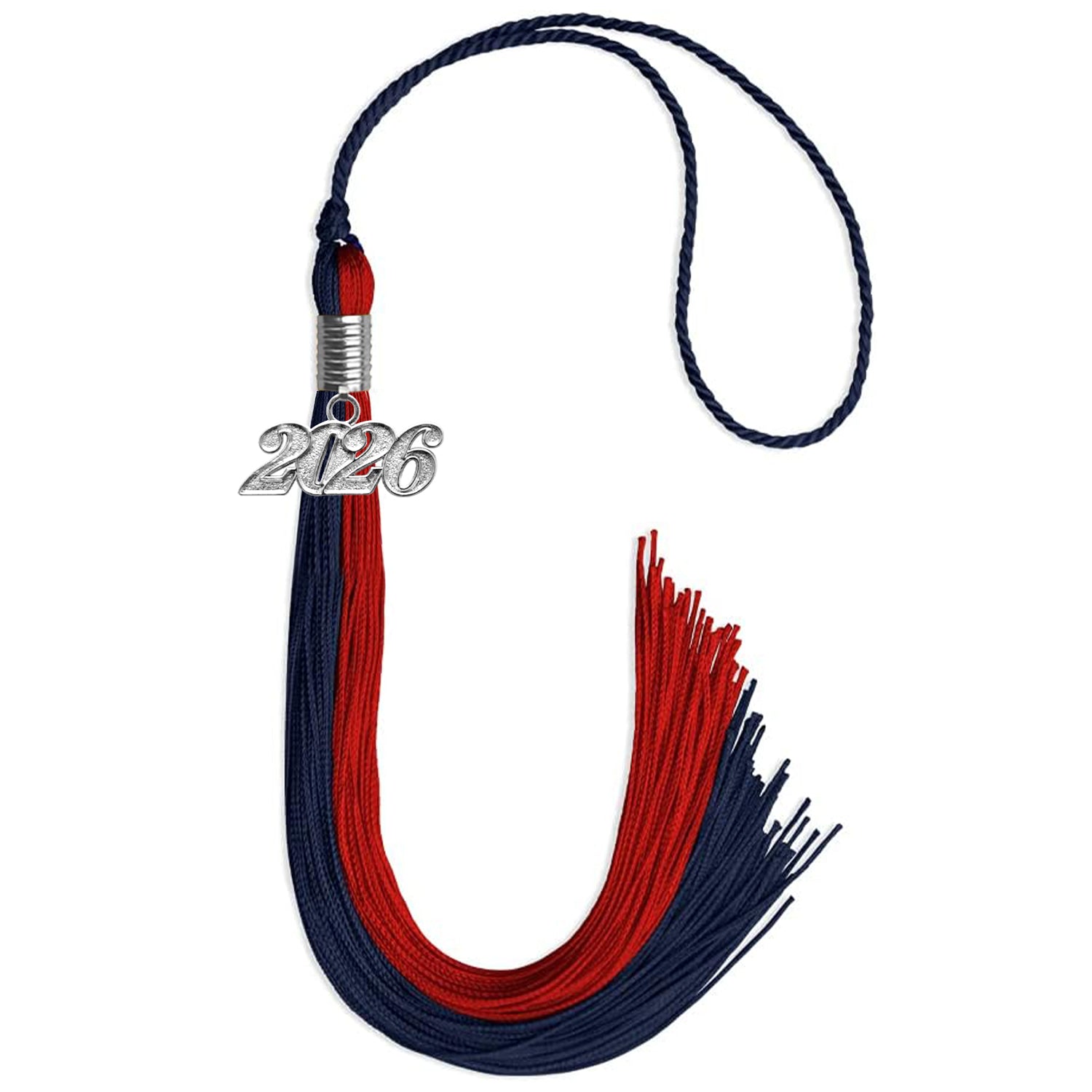 Dark Navy Blue/Red Graduation Tassel with Silver Date Drop - Endea Graduation