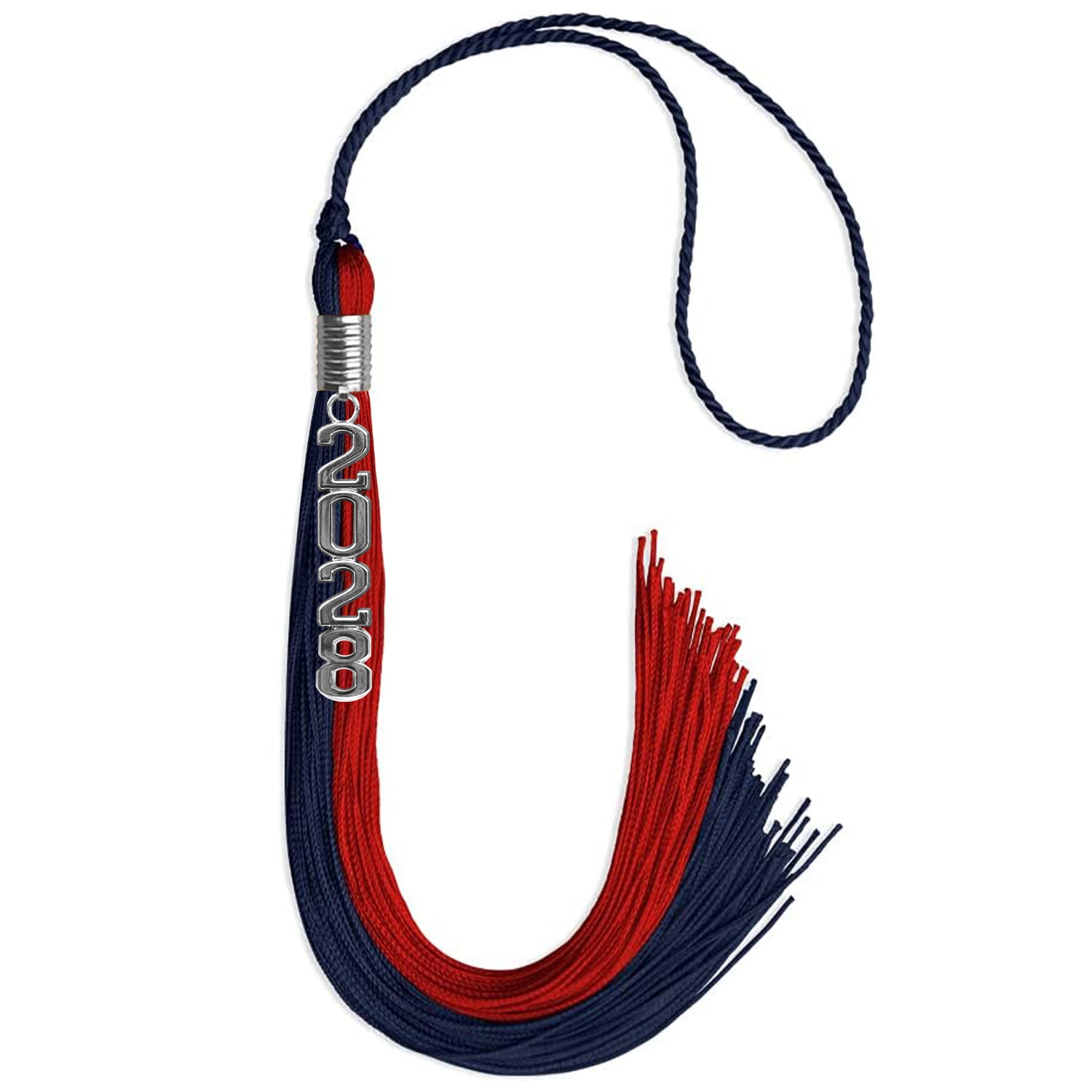 Dark Navy Blue/Red Graduation Tassel with Silver Stacked Date Drop - Endea Graduation