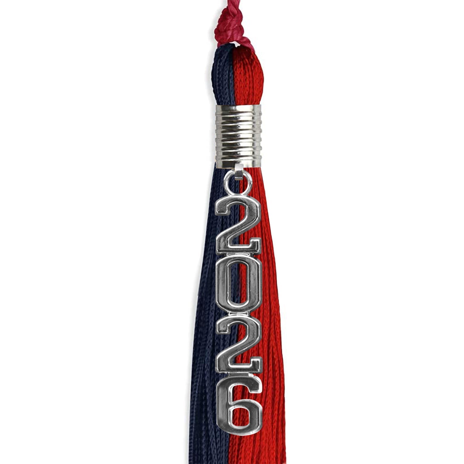 Dark Navy Blue/Red Graduation Tassel with Silver Stacked Date Drop - Endea Graduation