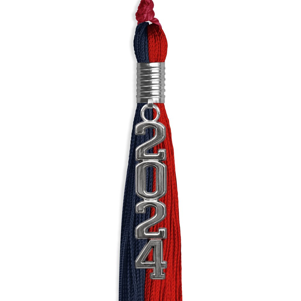 Dark Navy Blue/Red Graduation Tassel with Silver Stacked Date Drop - Endea Graduation