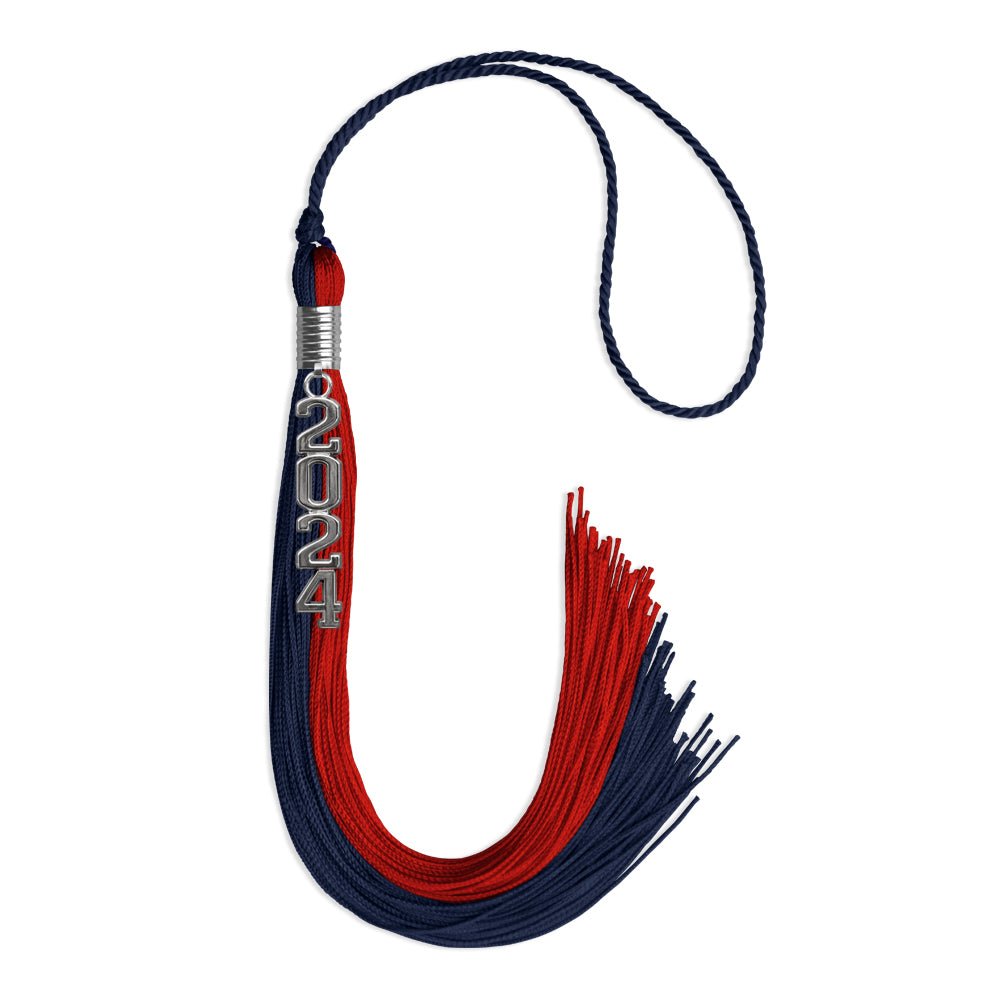 Dark Navy Blue/Red Graduation Tassel with Silver Stacked Date Drop - Endea Graduation