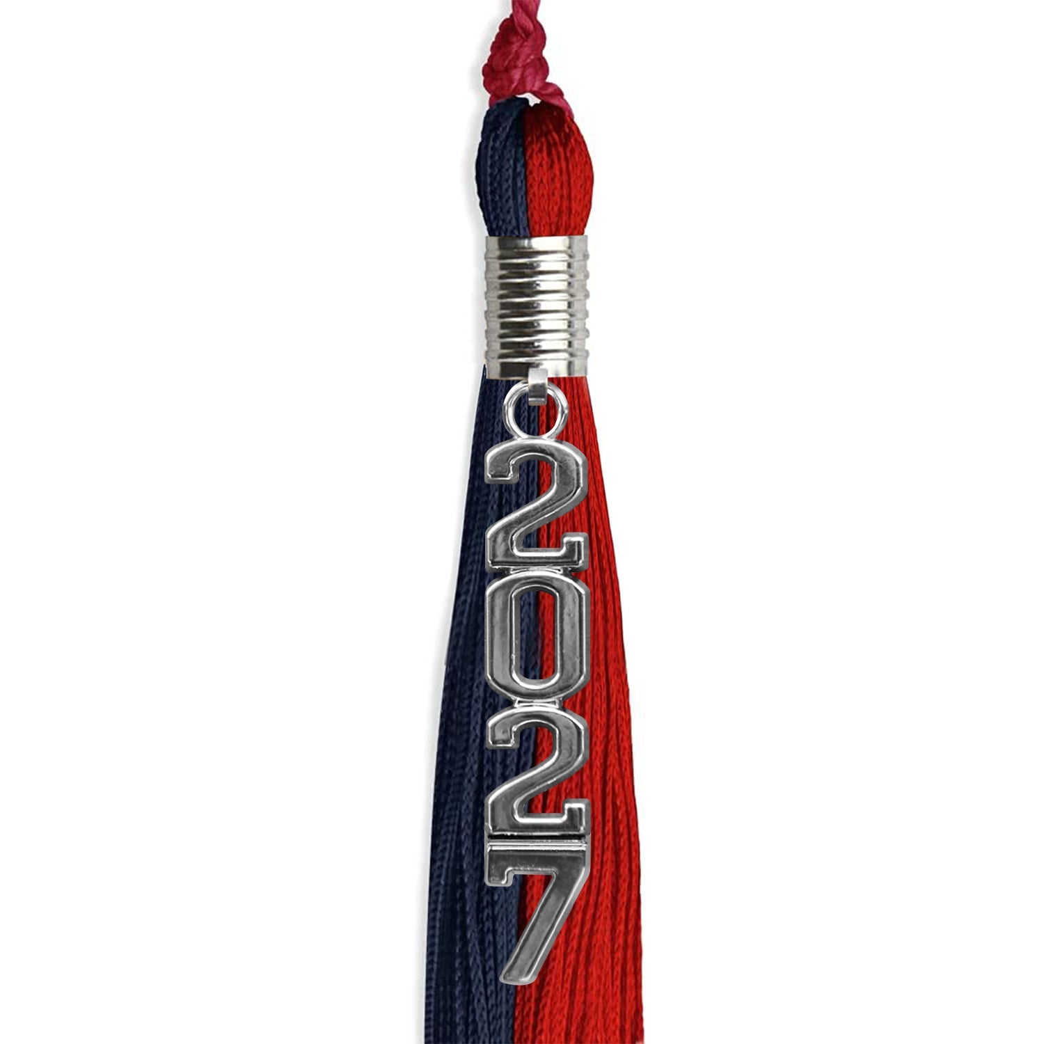 Dark Navy Blue/Red Graduation Tassel with Silver Stacked Date Drop - Endea Graduation