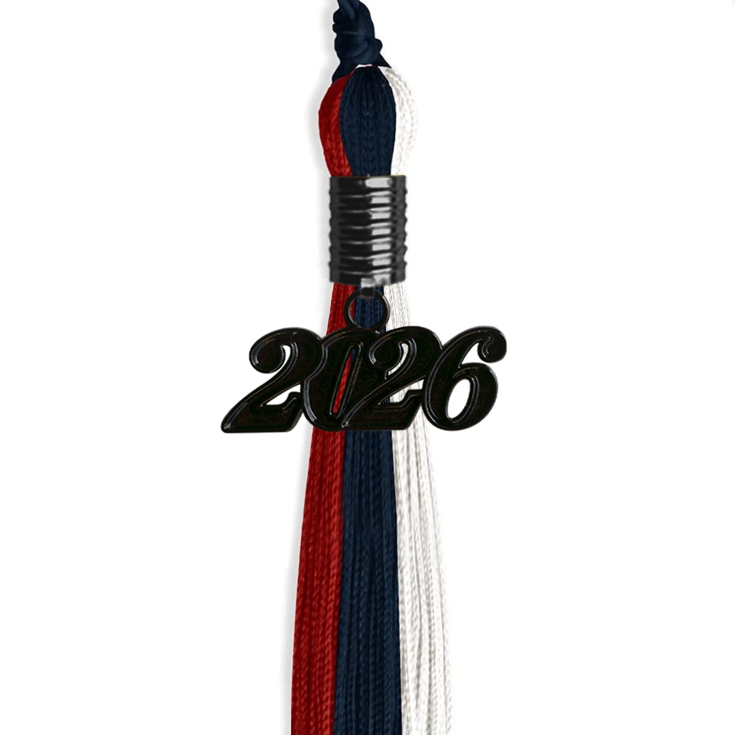 Dark Navy Blue/Red/White Graduation Tassel with Black Date Drop - Endea Graduation