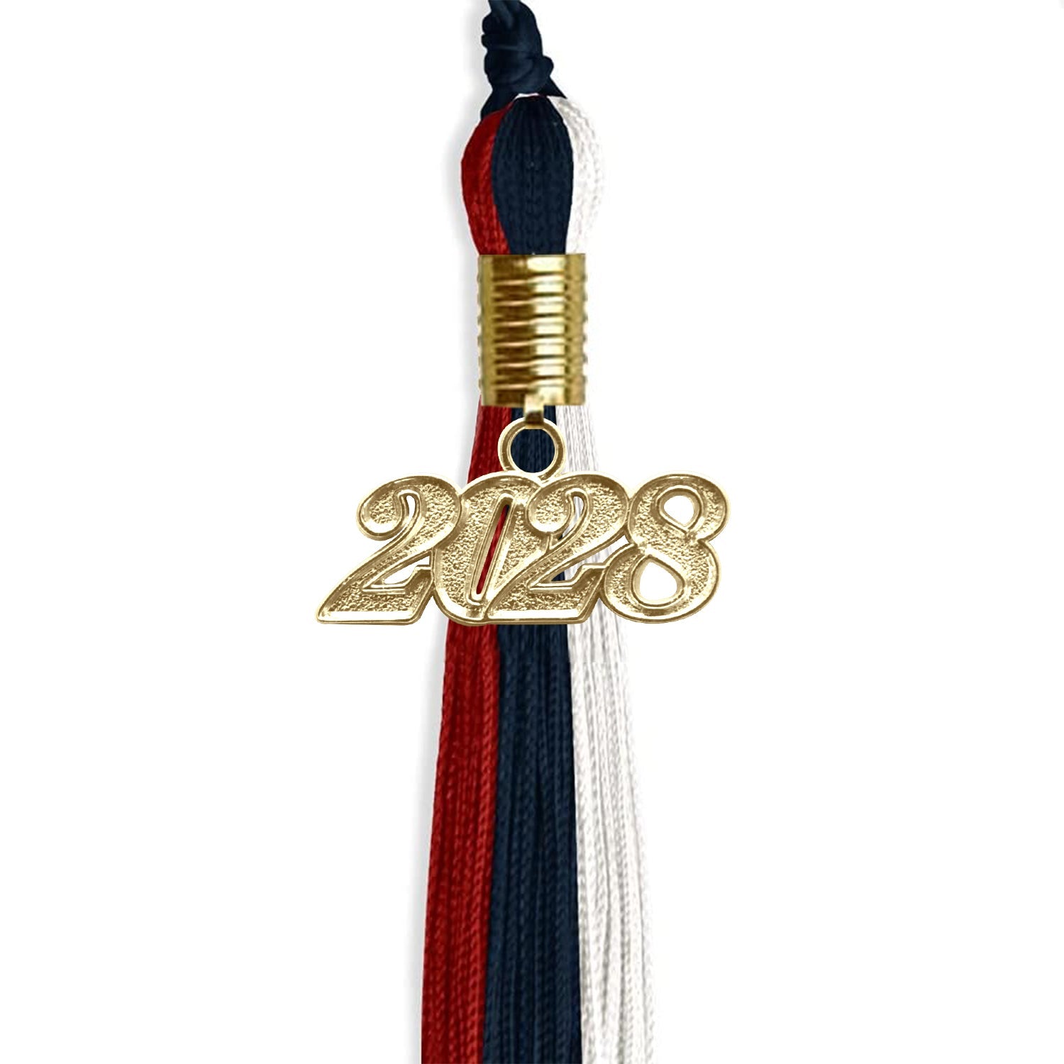 Dark Navy Blue/Red/White Graduation Tassel with Gold Date Drop - Endea Graduation