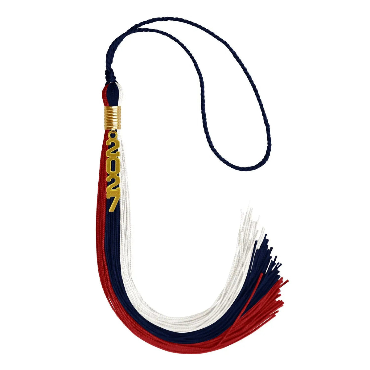 Dark Navy Blue/Red/White Graduation Tassel with Gold Stacked Date Drop - Endea Graduation