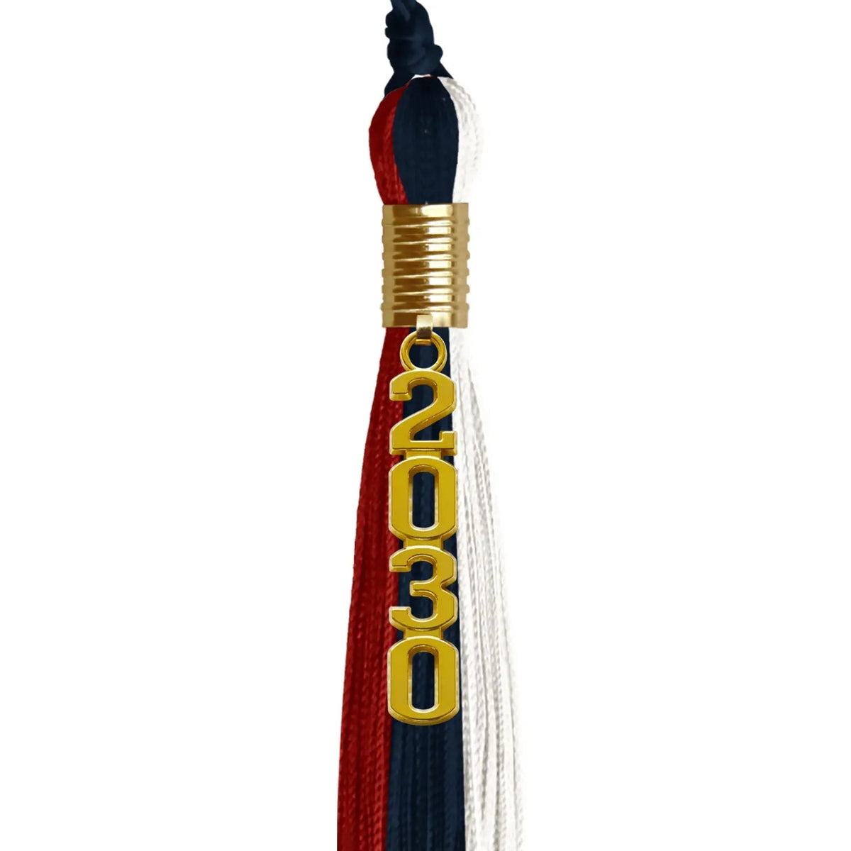 Dark Navy Blue/Red/White Graduation Tassel with Gold Stacked Date Drop - Endea Graduation