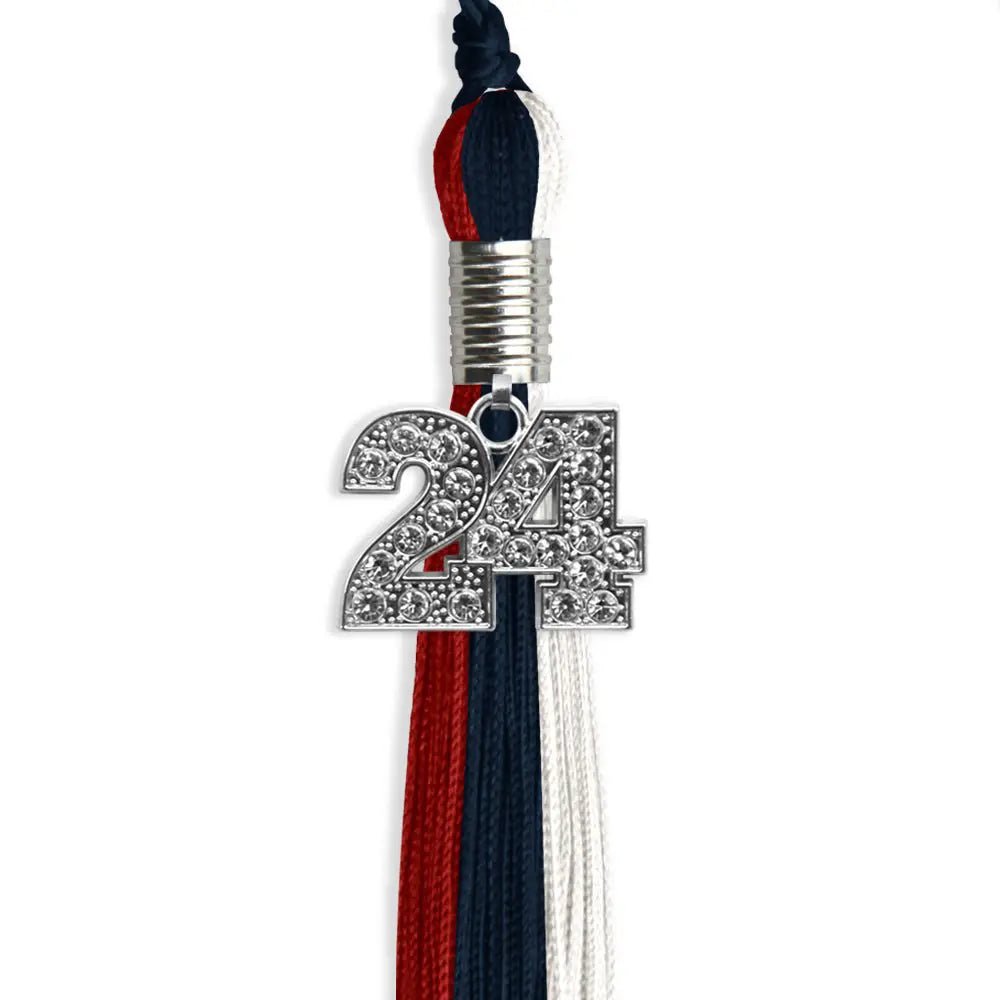 Dark Navy Blue/Red/White Graduation Tassel with Silver Bling Charm - Endea Graduation
