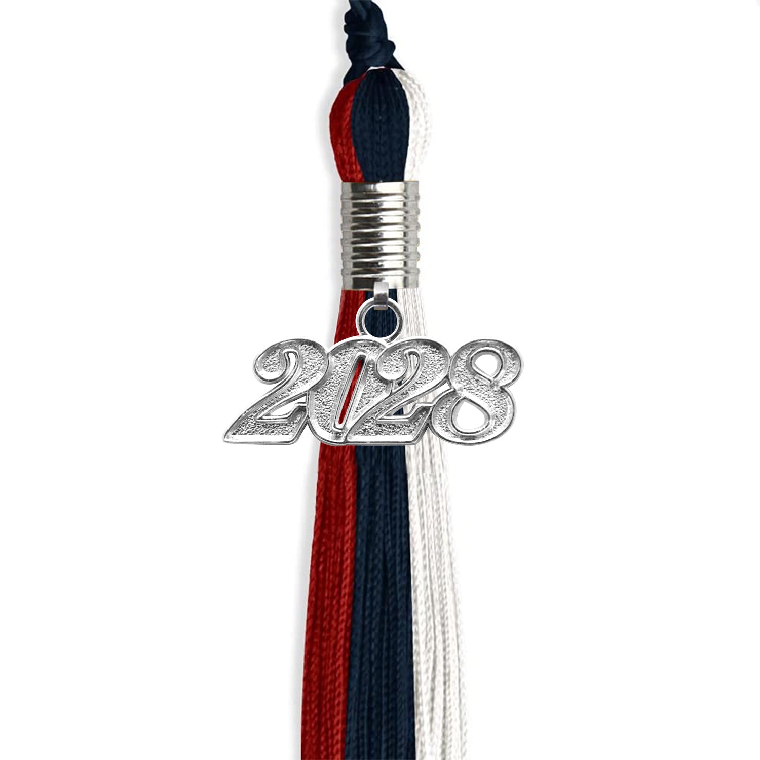 Dark Navy Blue/Red/White Graduation Tassel with Silver Date Drop - Endea Graduation