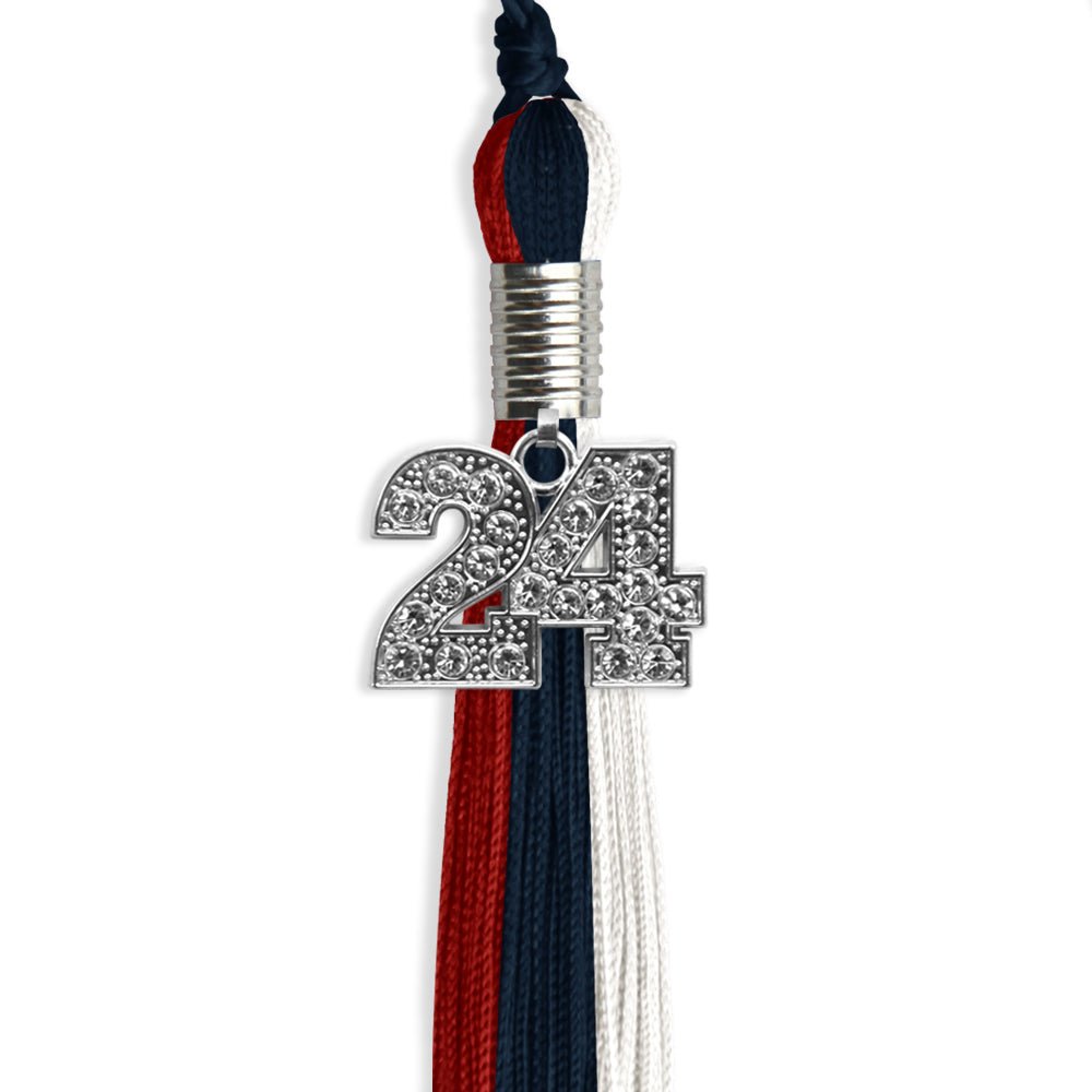 Dark Navy Blue/Red/White Graduation Tassel with Silver Date Drop - Endea Graduation