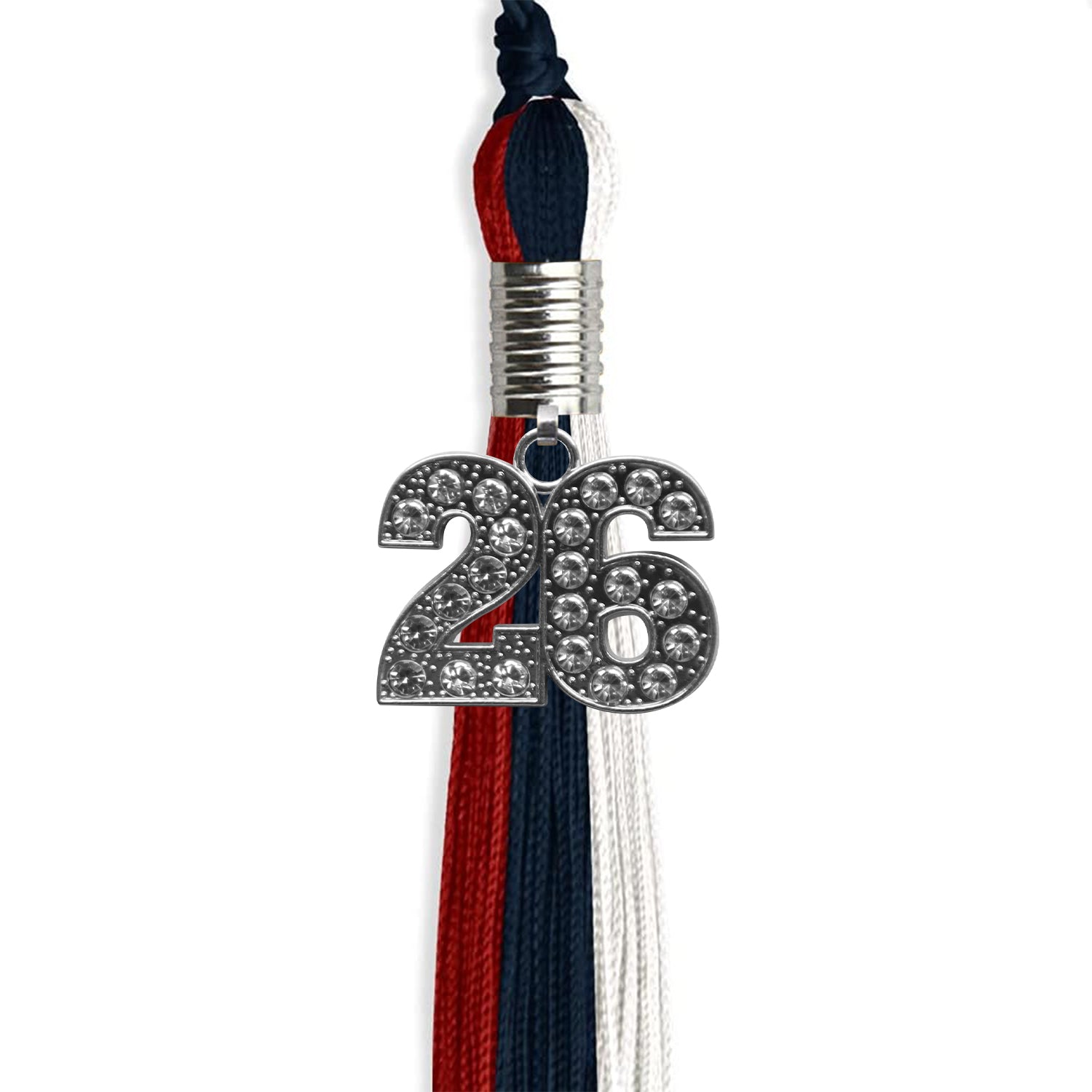 Dark Navy Blue/Red/White Graduation Tassel with Silver Date Drop - Endea Graduation