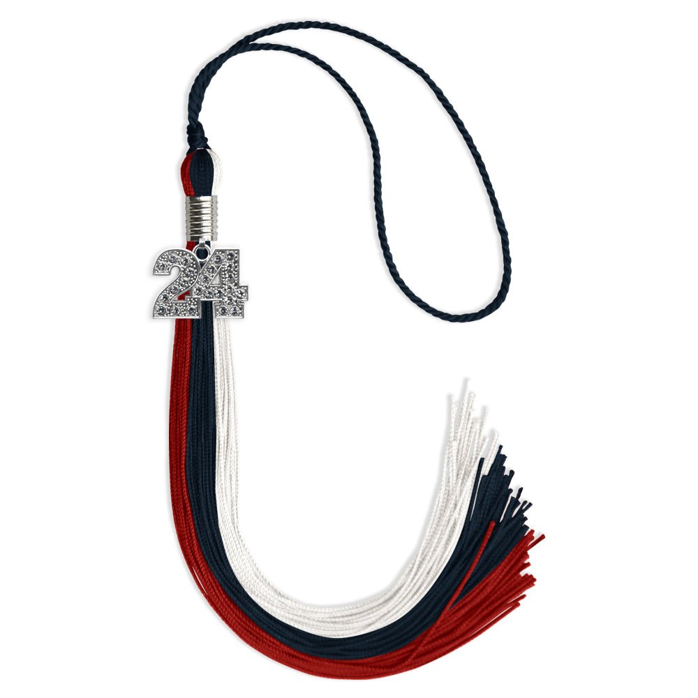 Dark Navy Blue/Red/White Graduation Tassel with Silver Date Drop - Endea Graduation