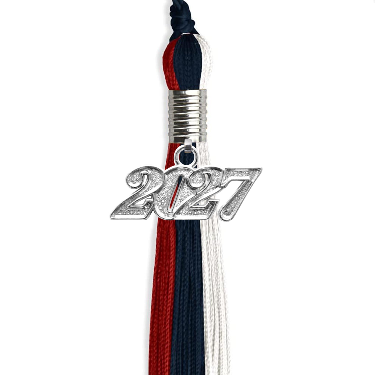 Dark Navy Blue/Red/White Graduation Tassel with Silver Date Drop - Endea Graduation