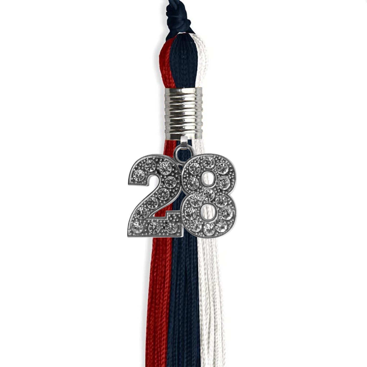 Dark Navy Blue/Red/White Graduation Tassel with Silver Date Drop - Endea Graduation