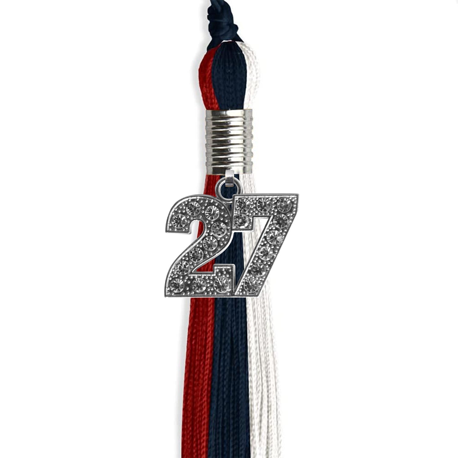 Dark Navy Blue/Red/White Graduation Tassel with Silver Date Drop - Endea Graduation