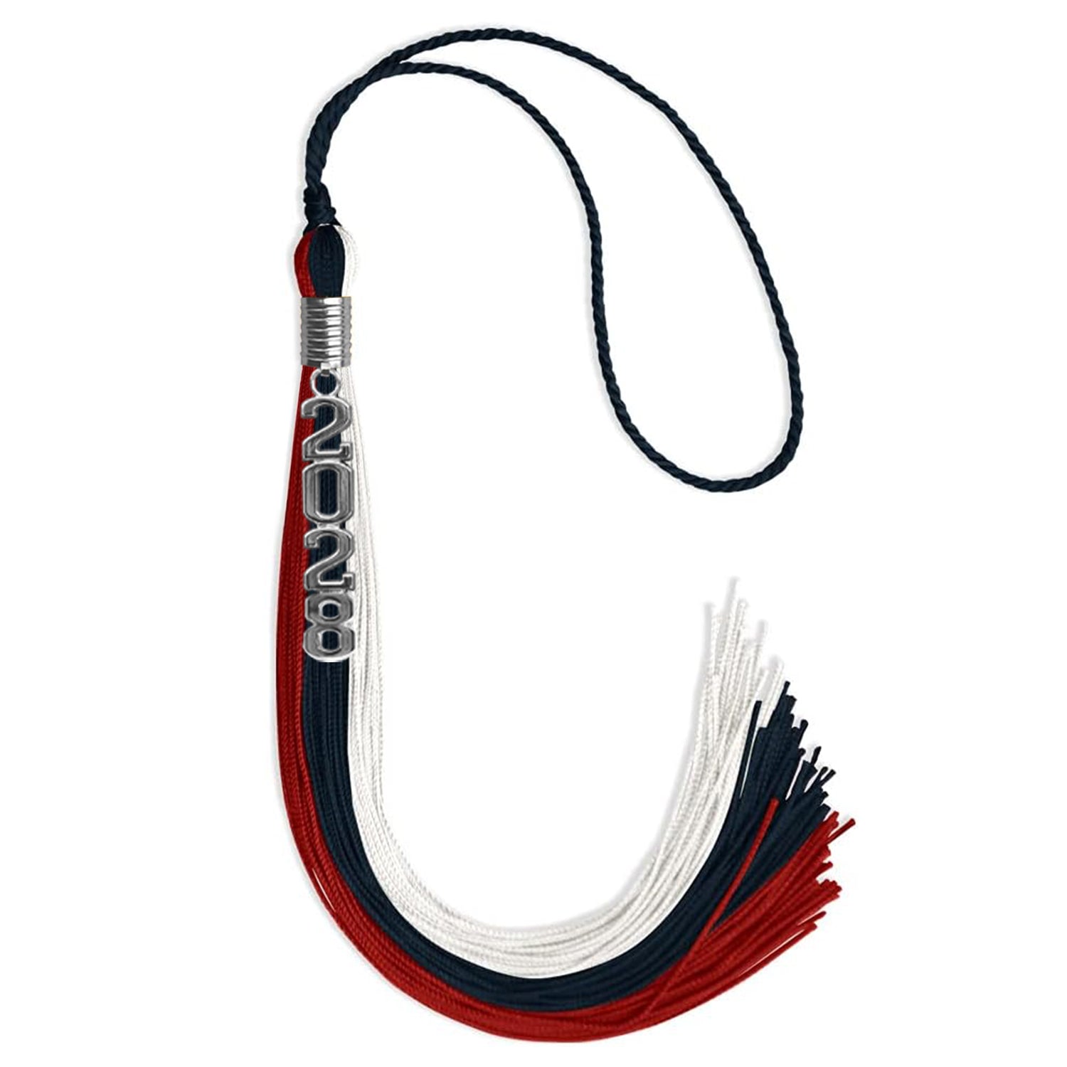 Dark Navy Blue/Red/White Graduation Tassel with Silver Stacked Date Drop - Endea Graduation