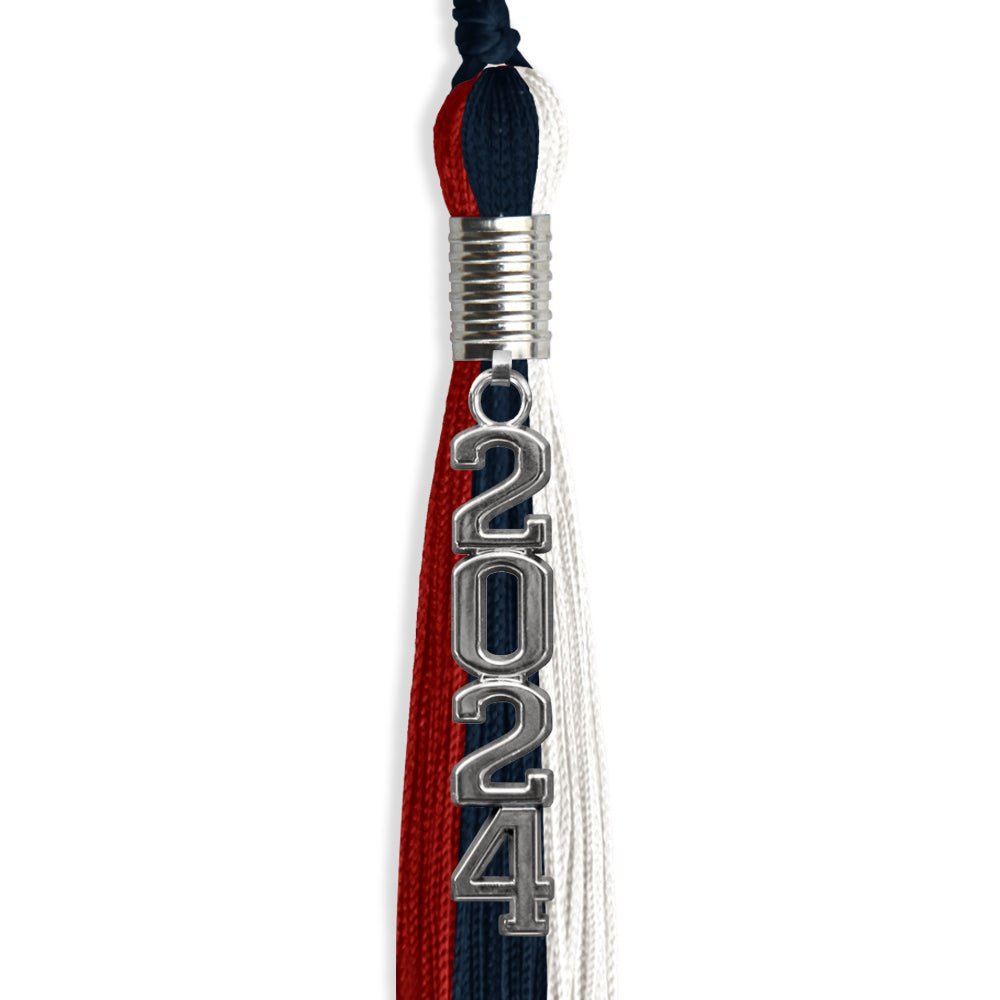 Dark Navy Blue/Red/White Graduation Tassel with Silver Stacked Date Drop - Endea Graduation