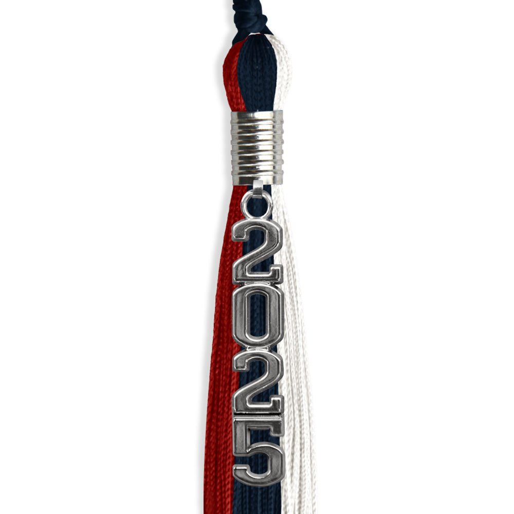 Dark Navy Blue/Red/White Graduation Tassel with Silver Stacked Date Drop - Endea Graduation