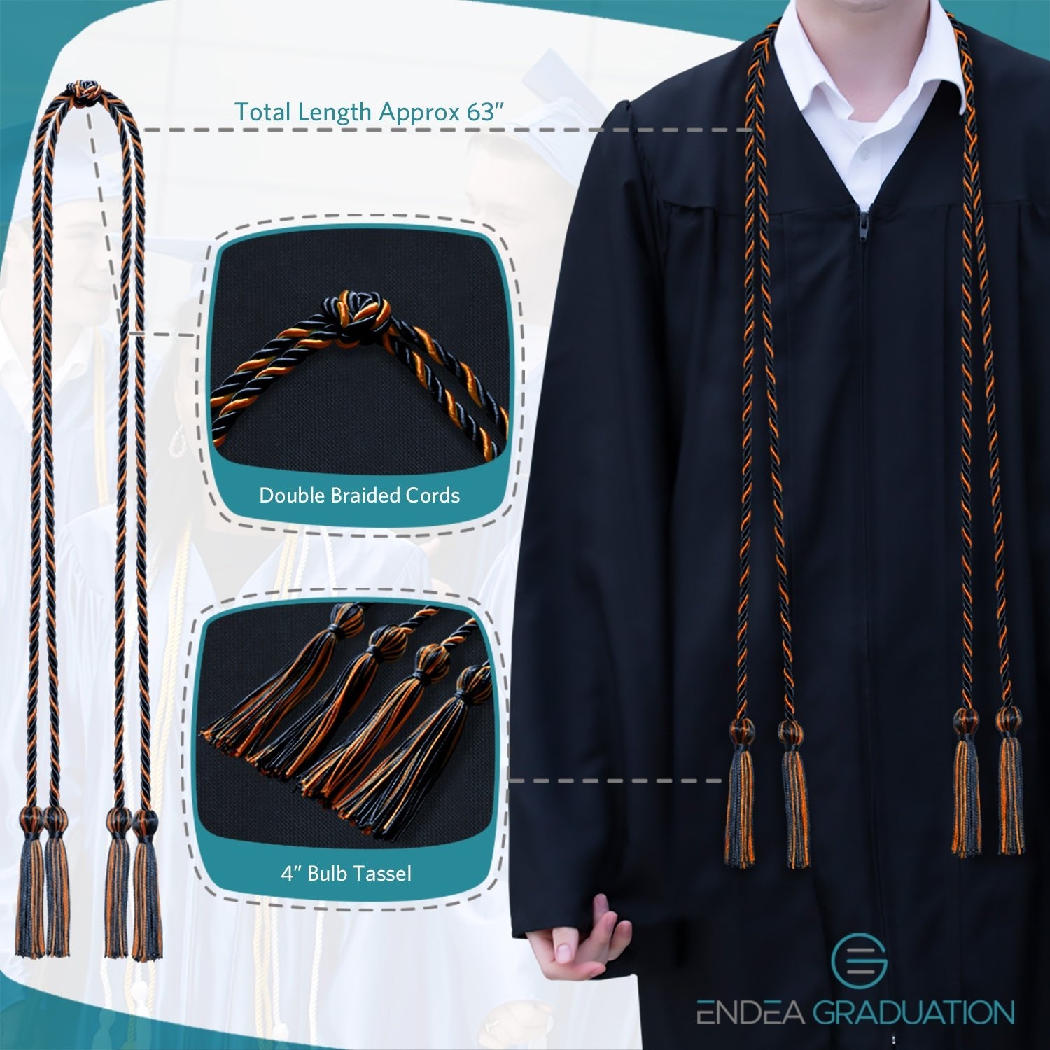 Double Graduation Honor Cord Navy Blue/Orange - Endea Graduation