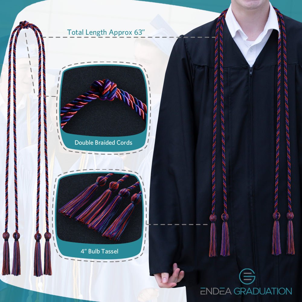 Double Graduation Honor Cord Royal Blue/Purple/Red - Endea Graduation