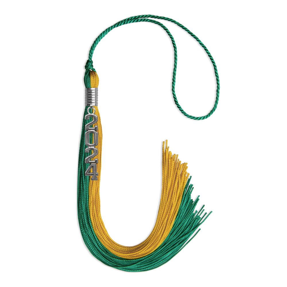 Emerald Green/Bright Gold Graduation Tassel with Silver Stacked Date Drop - Endea Graduation