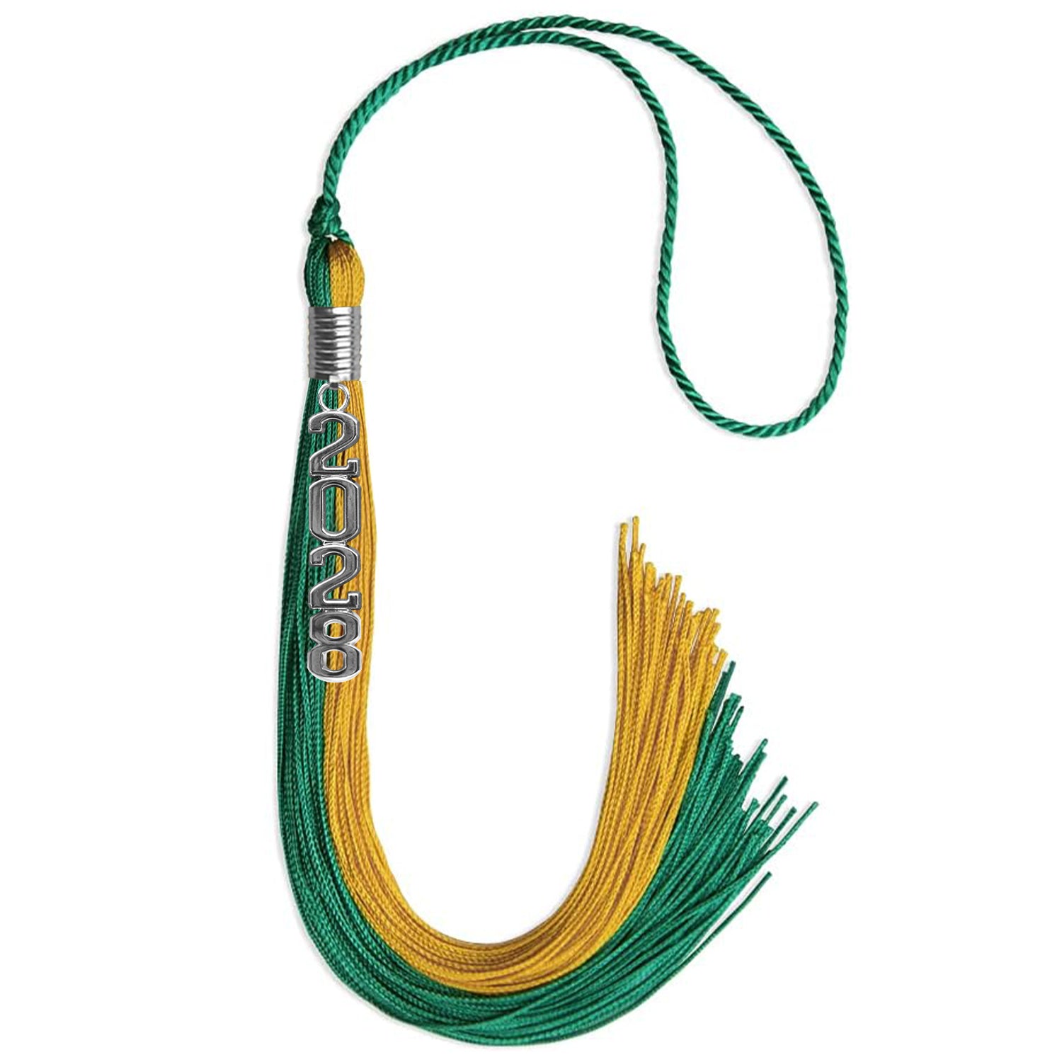 Emerald Green/Bright Gold Graduation Tassel with Silver Stacked Date Drop - Endea Graduation