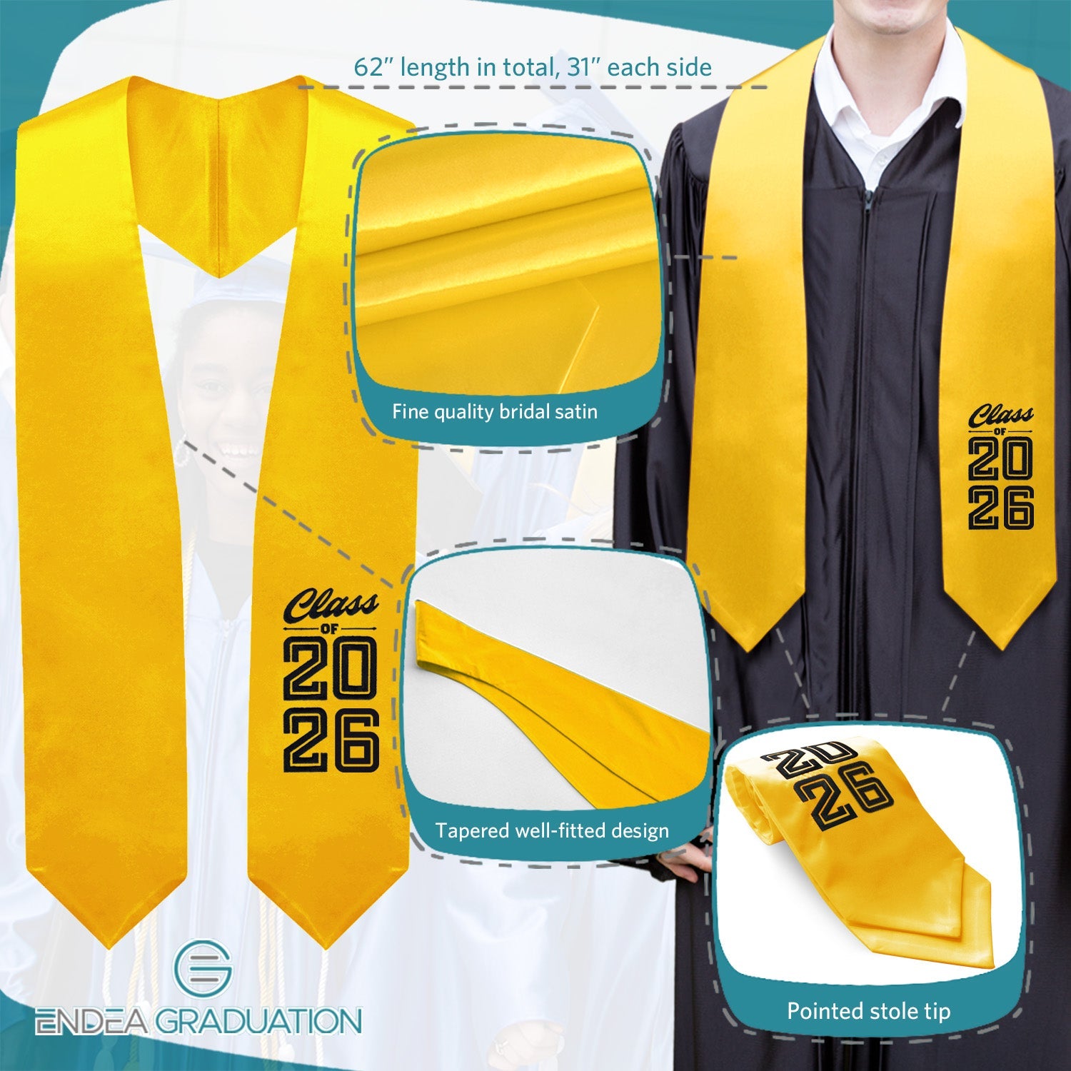 Gold Class of 2026 Graduation Stole/Sash with Classic Tips - Endea Graduation