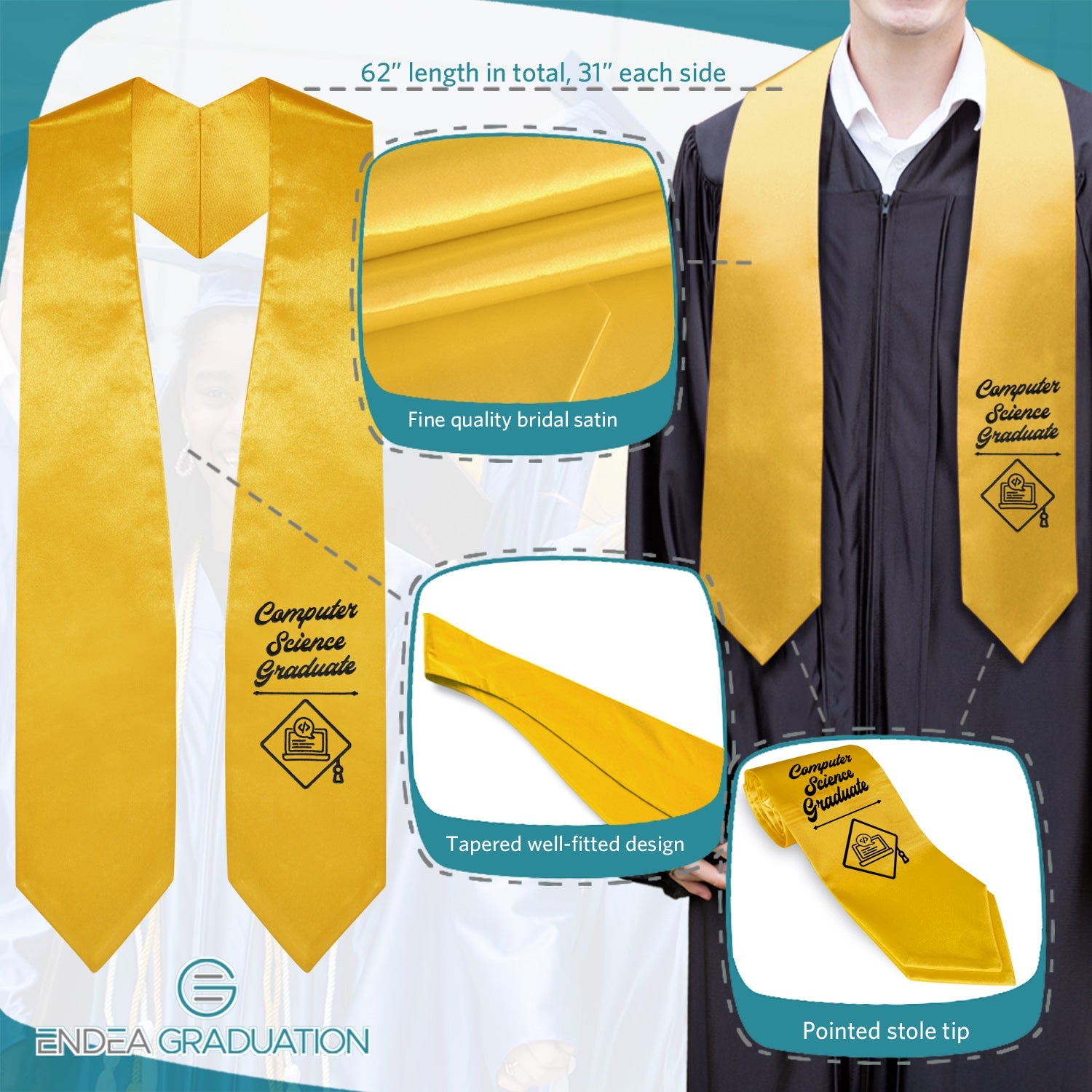 Gold Computer Science Graduate Stole/Sash with Classic Tips - Endea Graduation