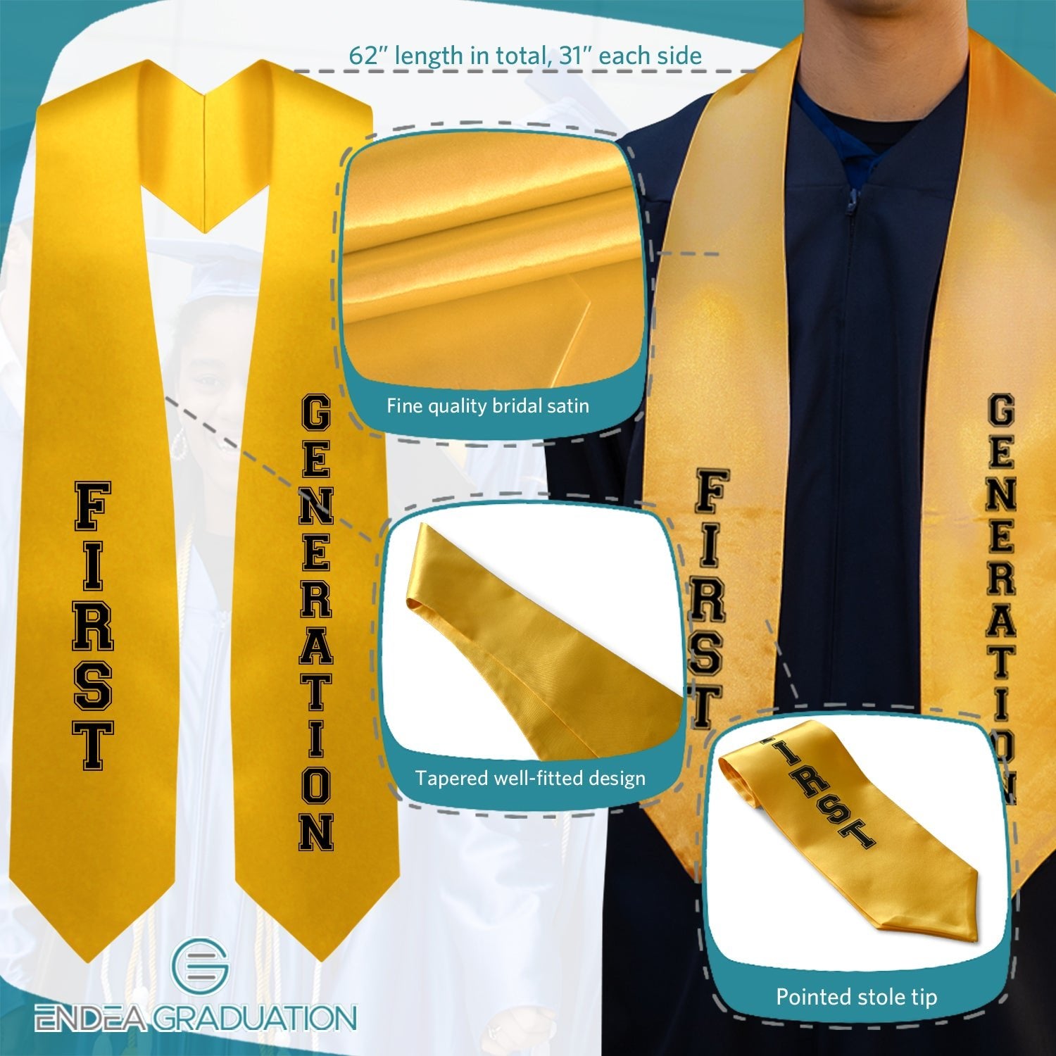 Gold First Generation Graduate Stole/Sash with Classic Tips - Endea Graduation