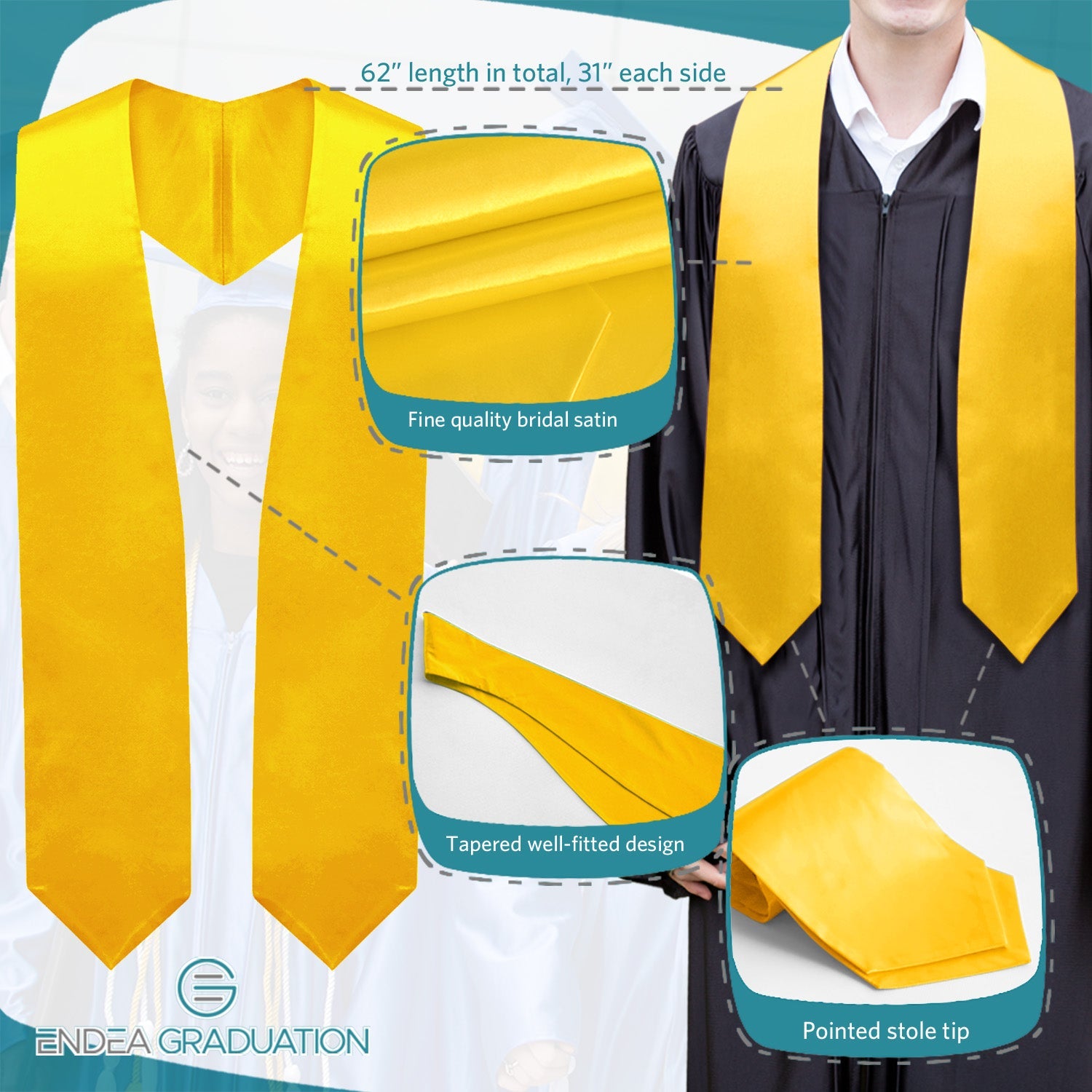 Endea Graduation Gold Satin Stole – Unisex One Size For Commencement Ceremony