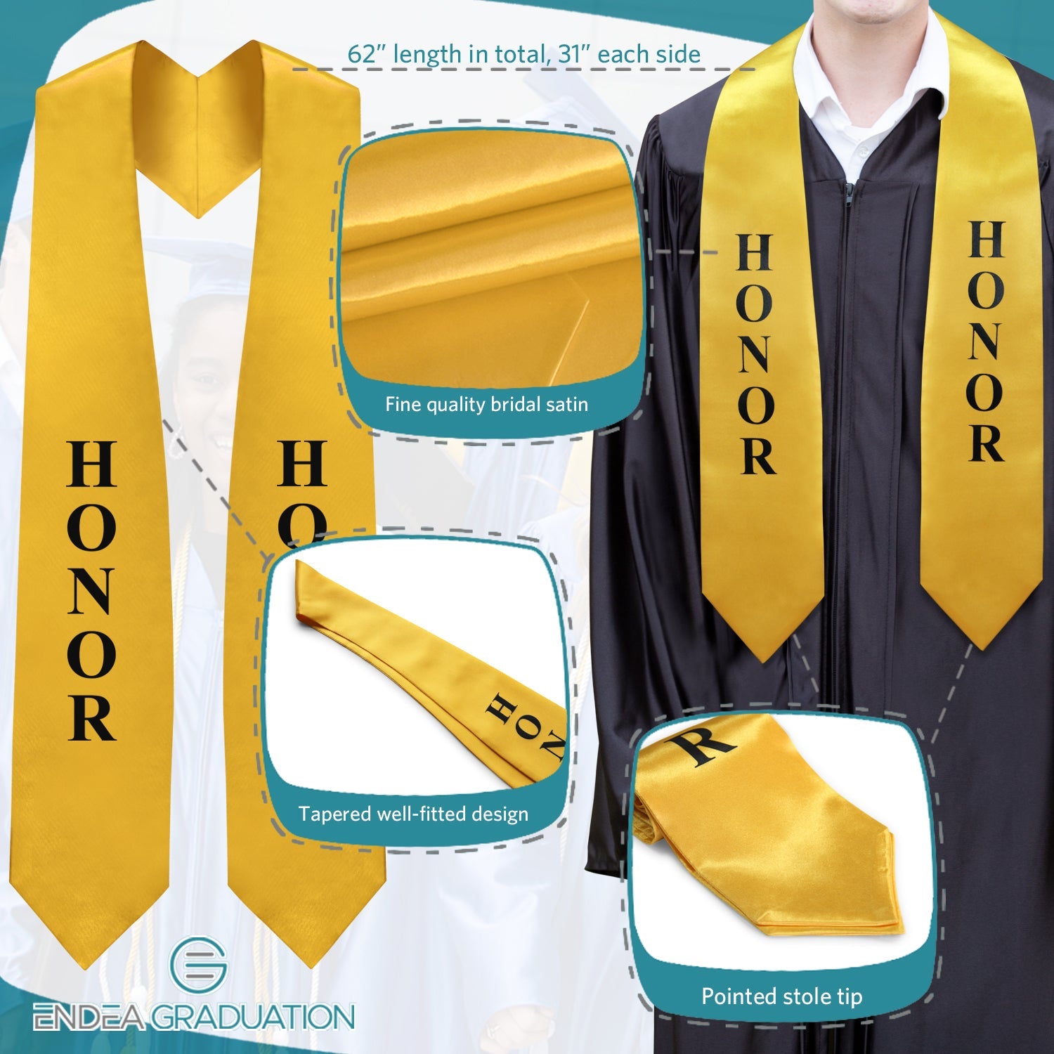 Gold Honors Graduation Stole/Sash with Classic Tips - Endea Graduation