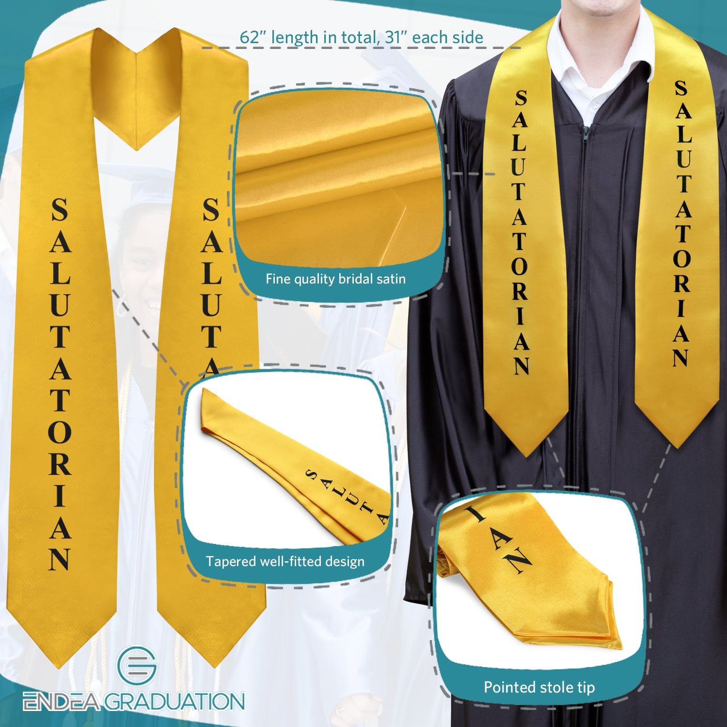 Gold Salutatorian Graduation Stole/Sash with Classic Tips - Endea Graduation