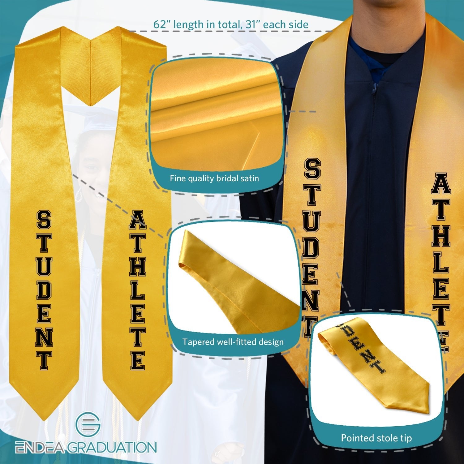 Gold Student Athlete Graduate Stole/Sash with Classic Tips - Endea Graduation