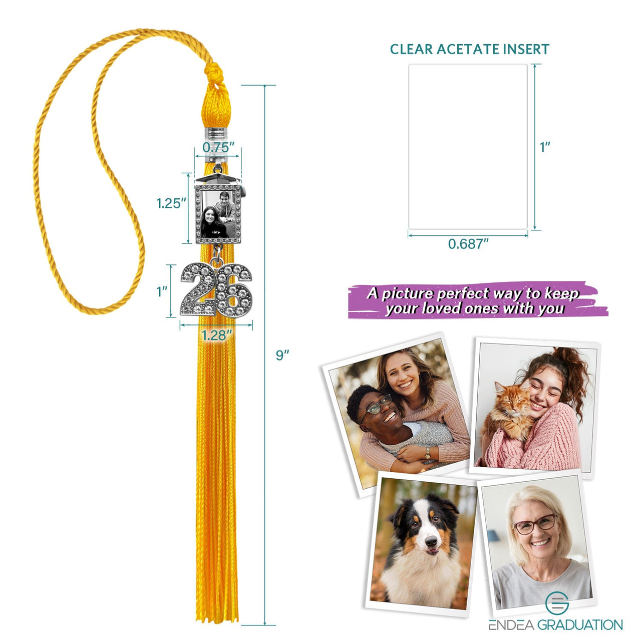 Gold Tassel with Photo Frame Charm and Bling Charm - Endea Graduation