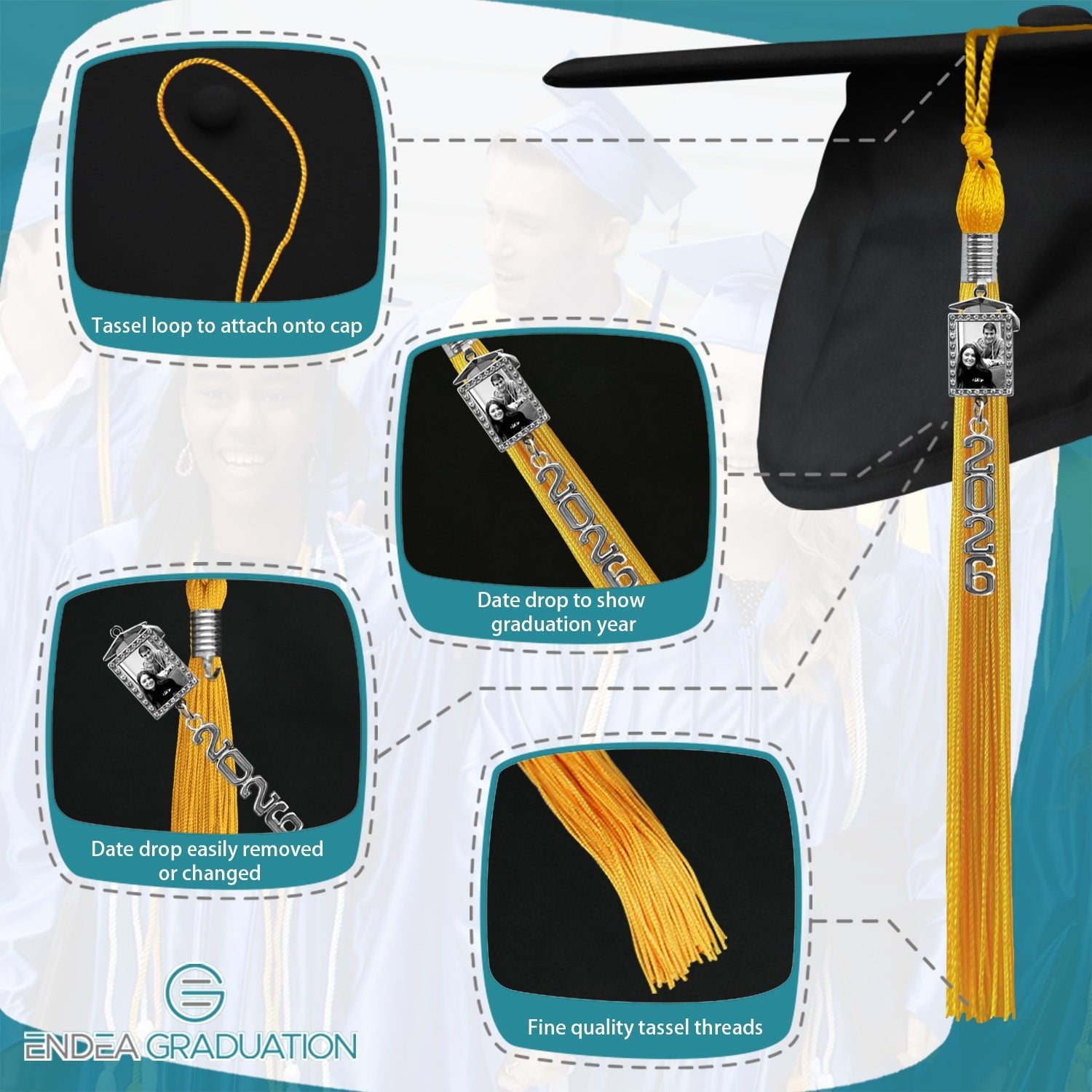 Gold Tassel with Photo Frame Charm and Stacked Date Drop - Endea Graduation