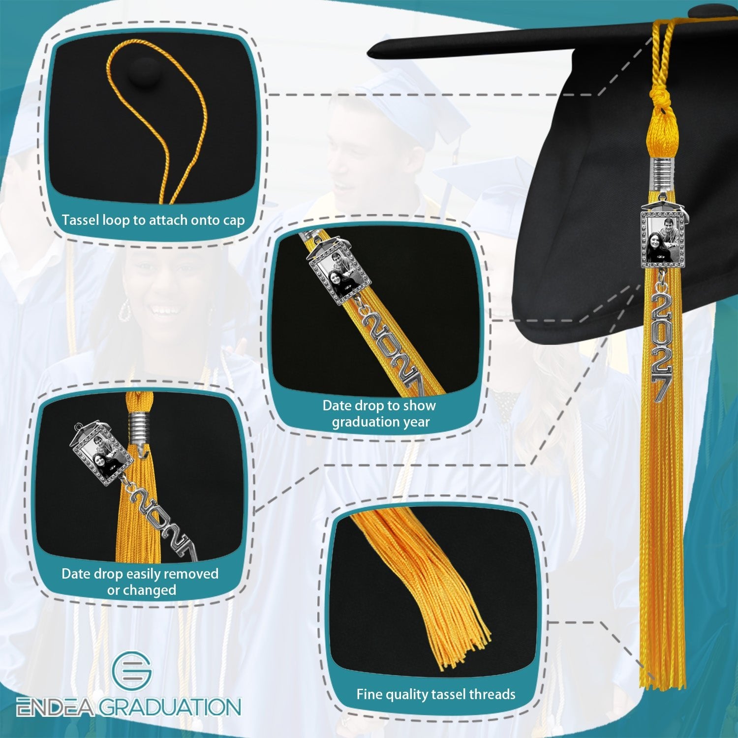 Gold Tassel with Photo Frame Charm and Stacked Date Drop - Endea Graduation