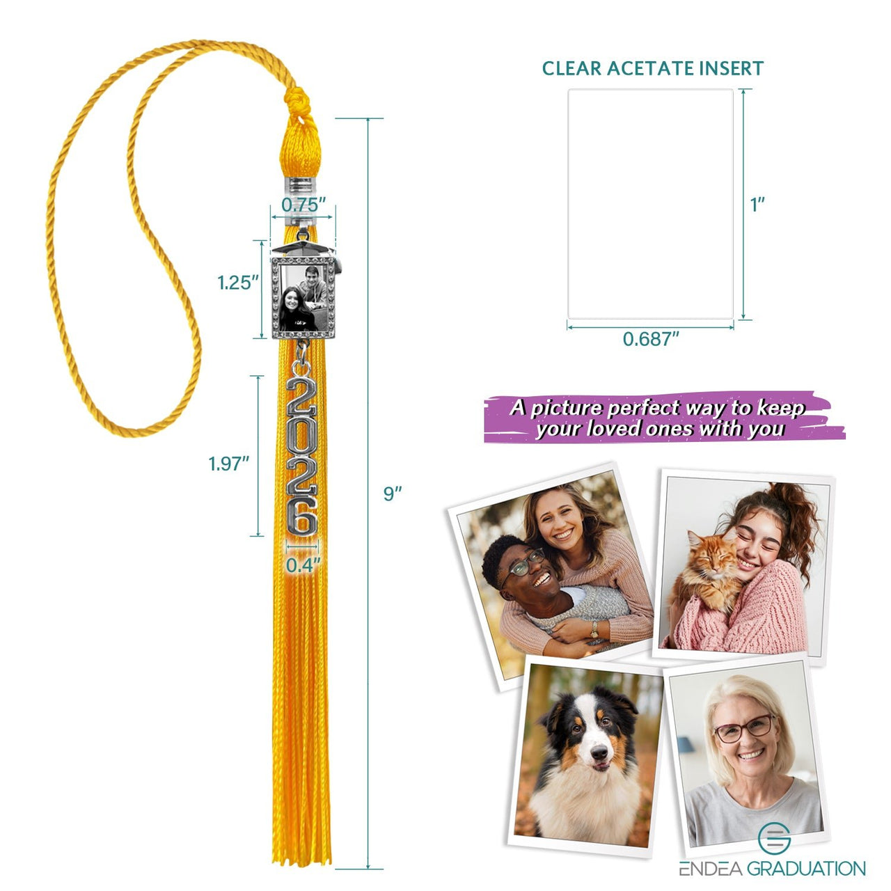 Gold Tassel with Photo Frame Charm and Stacked Date Drop - Endea Graduation