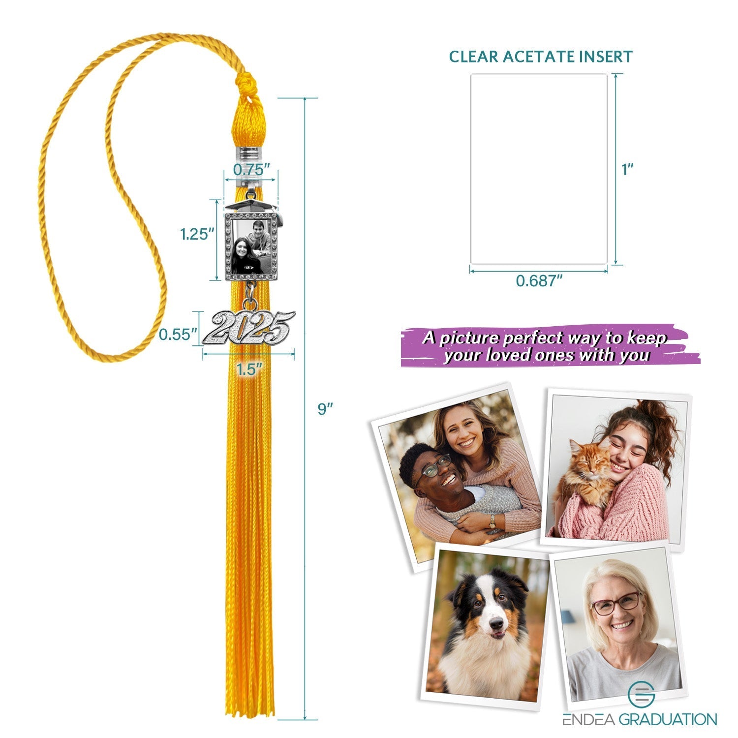 Gold Tassel with Photo Frame Charm and Year Date Drop - Endea Graduation