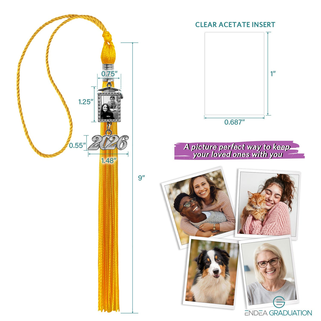 Gold Tassel with Photo Frame Charm and Year Date Drop - Endea Graduation