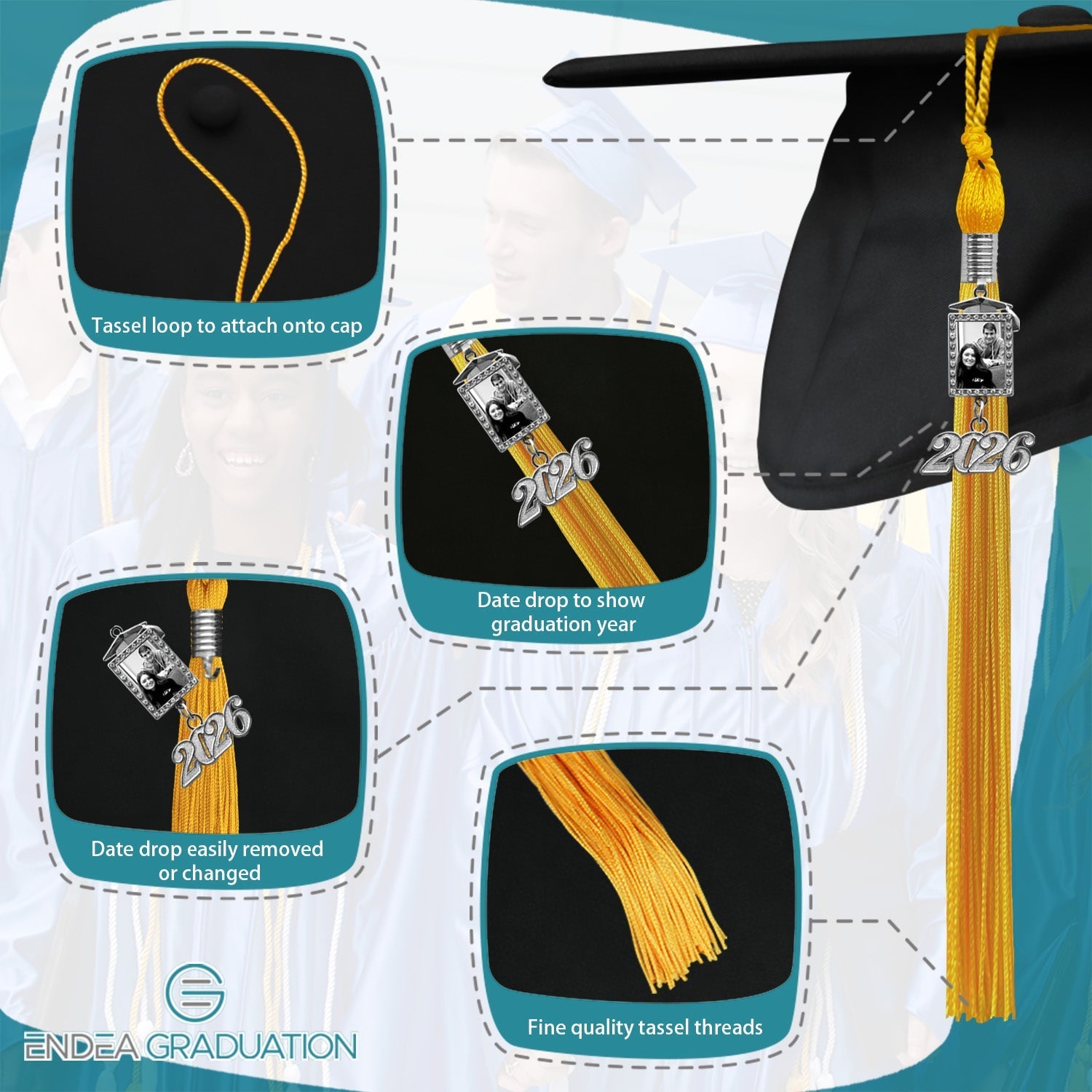 Gold Tassel with Photo Frame Charm and Year Date Drop - Endea Graduation